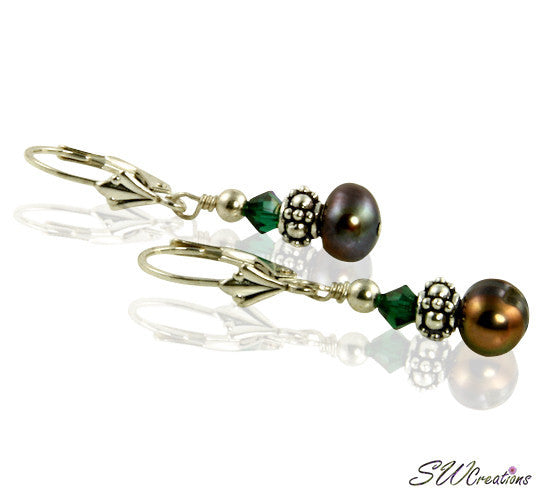 Emerald Brown Pearl Crystal Earrings for Women - Elegant Dangle Drop Earrings for Party, Wedding & Evening Wear | Hypoallergenic & Lightweight Fashion Jewelry