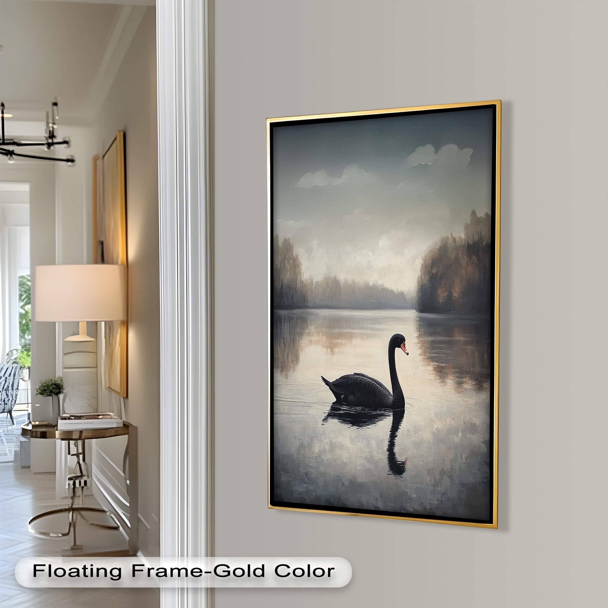 Black Swan at Dusk - Hand Painted Lake Landscape Oil Canvas Artwork - Perfect for Living Room, Bedroom, or Office Wall Decor