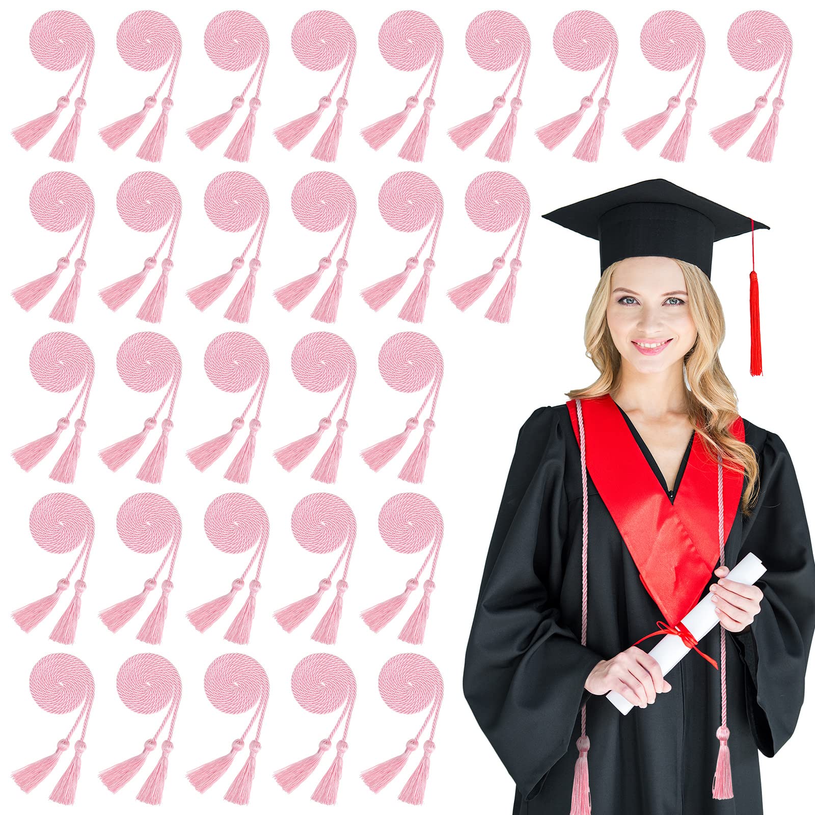 Woanger 30 Pcs 2025 Graduation Honor Cords - 67 Inch Braided Tassel Sash for College Graduation (Bachelor, Master, Doctor Degree) - Pink Academic Achievement Cord for Commencement Ceremony Decorations