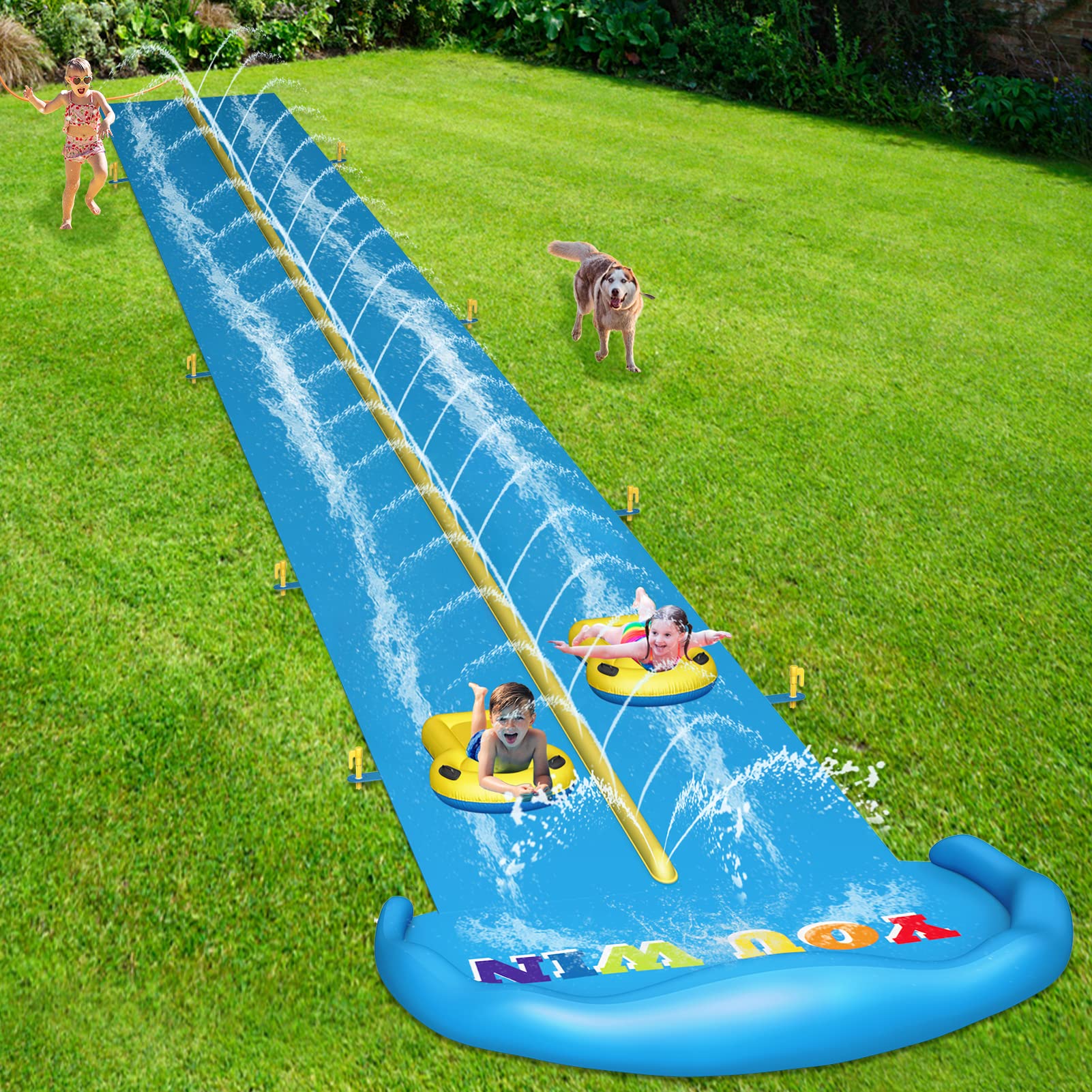 Evoio 32.8ft Inflatable Water Slide with 2 Racing Lanes & 2 Body Boards - Outdoor Backyard Water Park Toy for Kids, Boys, Girls & Adults - Perfect for Summer Parties, Birthday Celebrations & Family Fun
