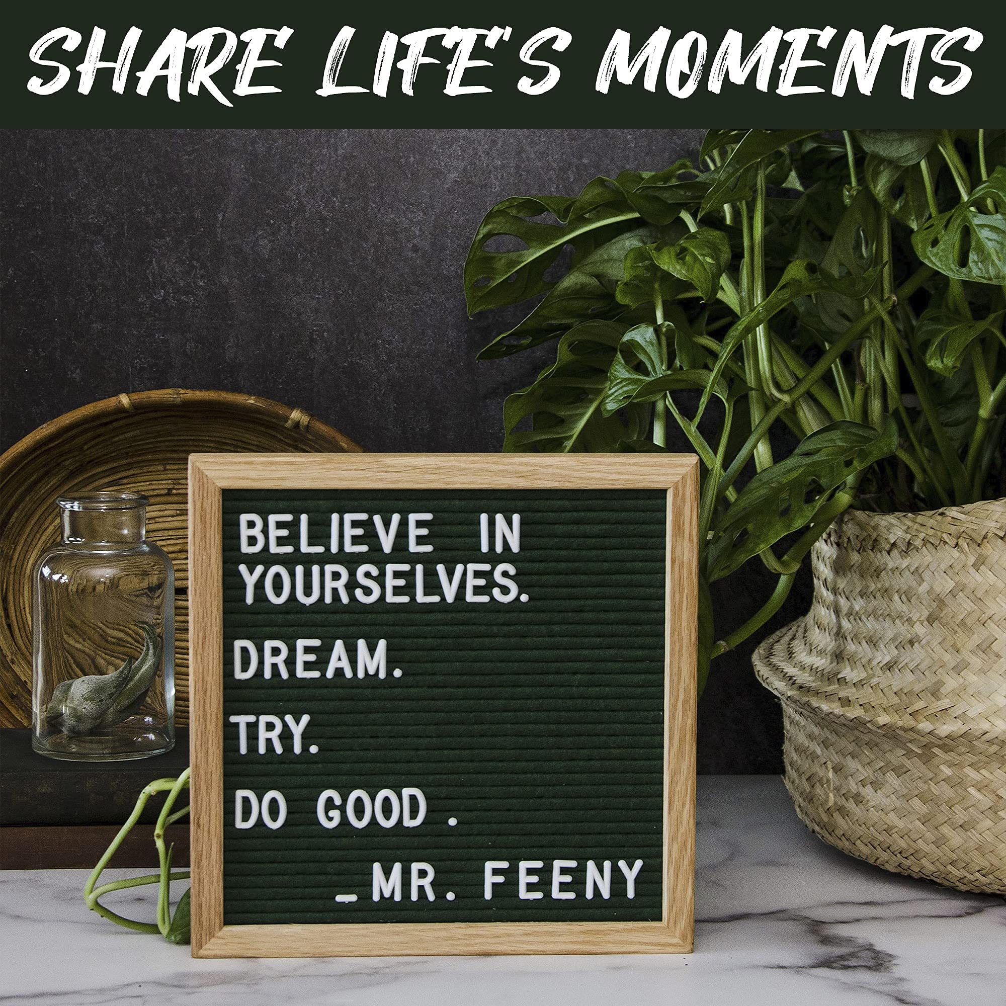 10x10 Inch Felt Letter Board with 300 Changeable Letters - White Oak Frame Message Board for Baby Announcements, Milestones, Office Decor - Perfect for Home, Nursery, Wedding, Party & Wall Decoration (Evergreen)