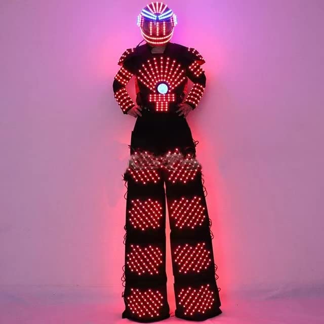 LED Robot Suit Costume with Jacket & Helmet - Futuristic Light-Up Stilt Walker Outfit for Cosplay, Halloween, and Rave Parties