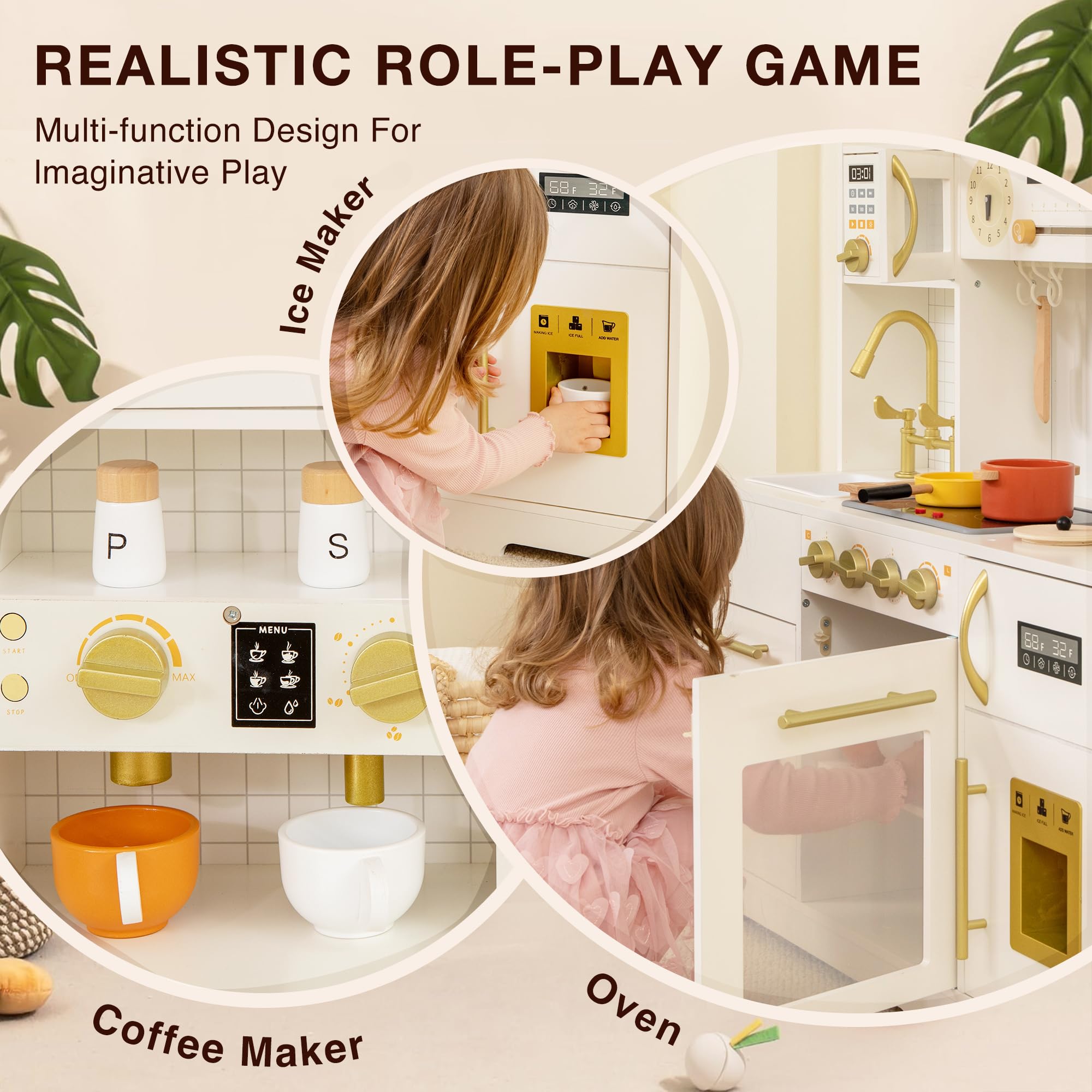 Modern Wooden Play Kitchen Set for Kids - Toy Kitchen with Oven, Ice Maker & Coffee Maker | Pretend Play Cooking Toys for Toddlers 3+ Years | Perfect Gift for Birthday & Christmas | Encourage Imaginative Play in Daycare or Home