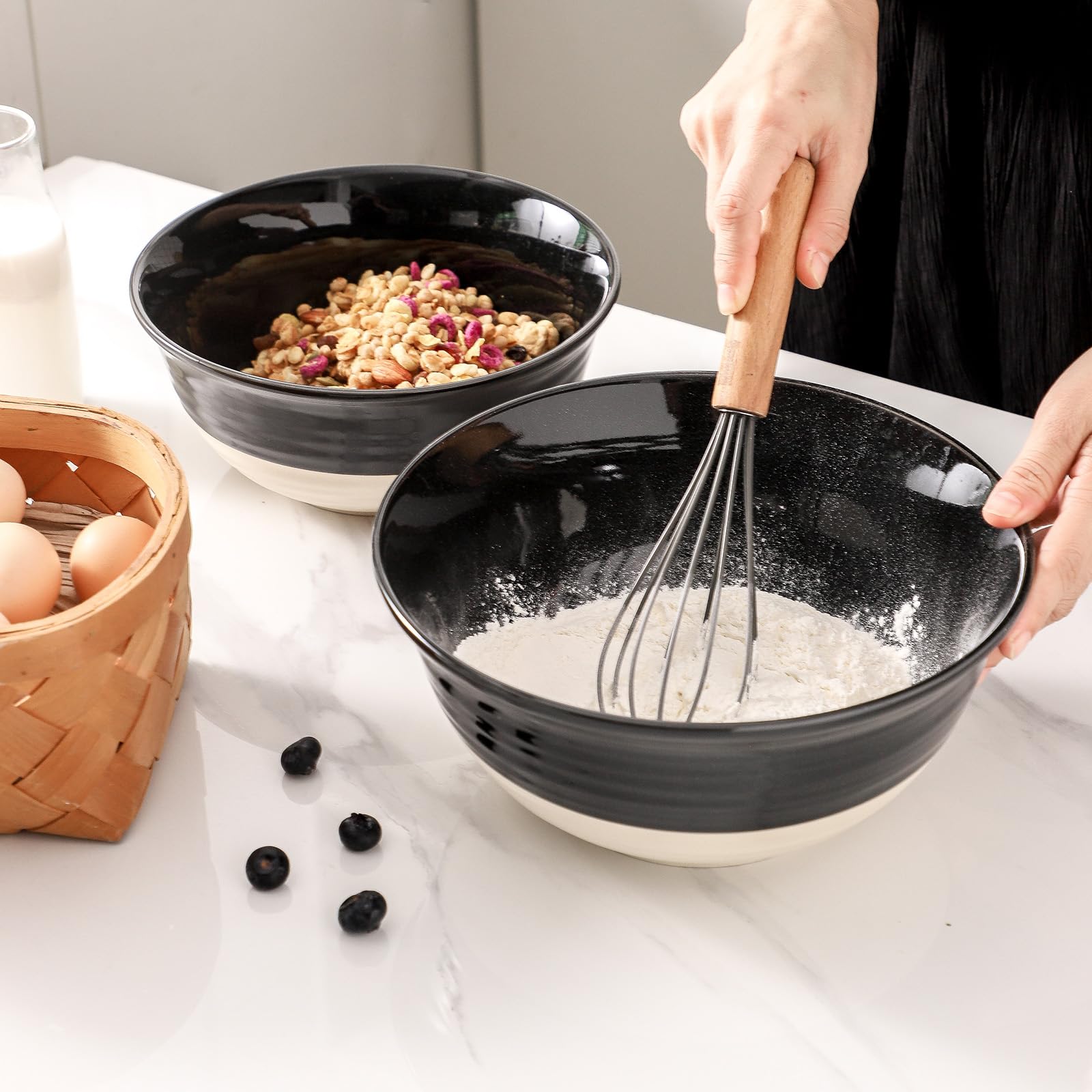 Hasense 2-Piece Large Porcelain Mixing Bowl Set - 2.1 Qt & 1.5 Qt Kitchen Mixing Bowls for Baking, Cooking, Salad Prep - Microwave & Dishwasher Safe Nesting Serving Bowls - Perfect for Meal Prep, Entertaining & Family Dinners - Black