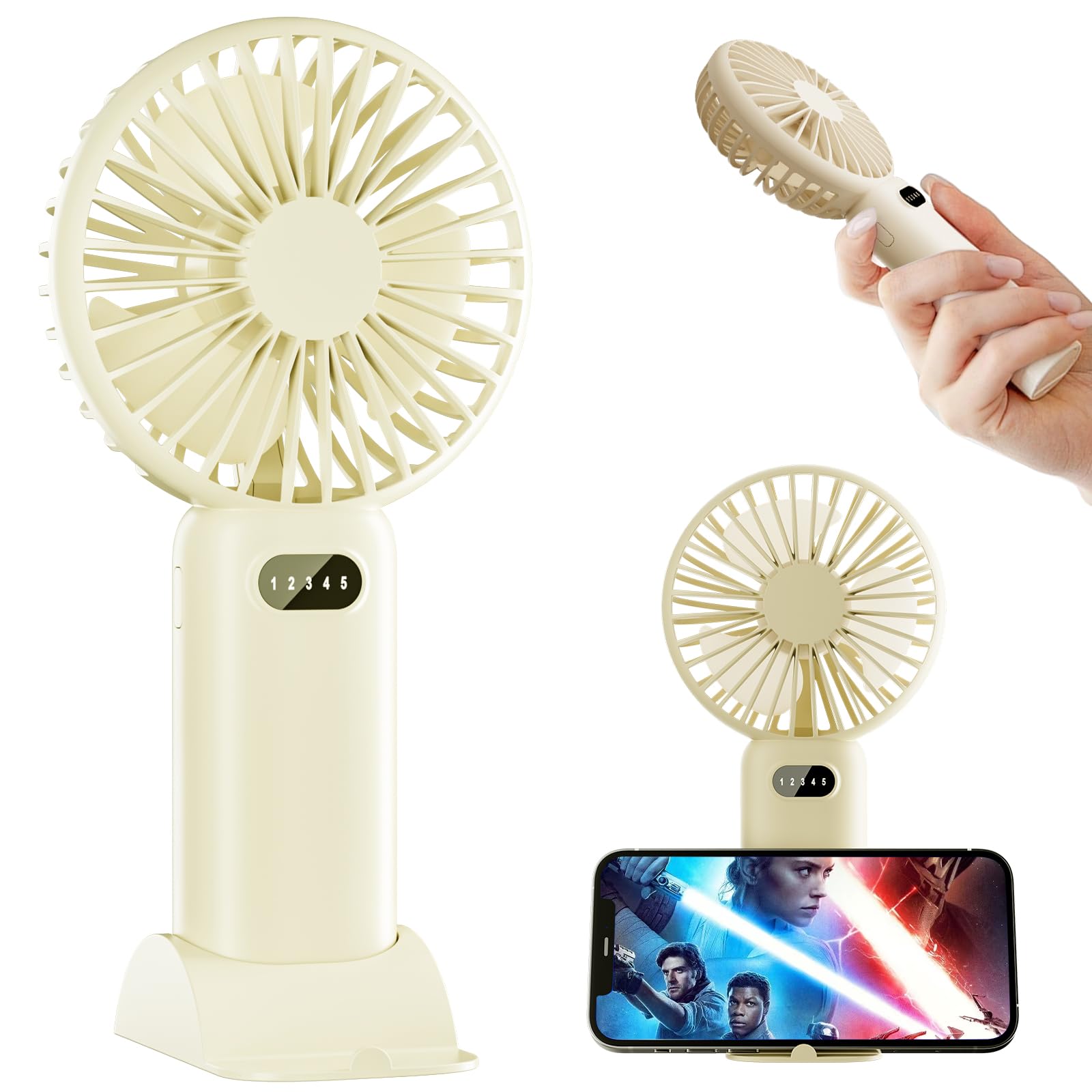Portable Handheld Fan with LED Display - 15 Hours Cooling, Powerful Airflow Rechargeable Mini Fan - Perfect for Outdoor Camping, Travel & Office Use with Phone Holder