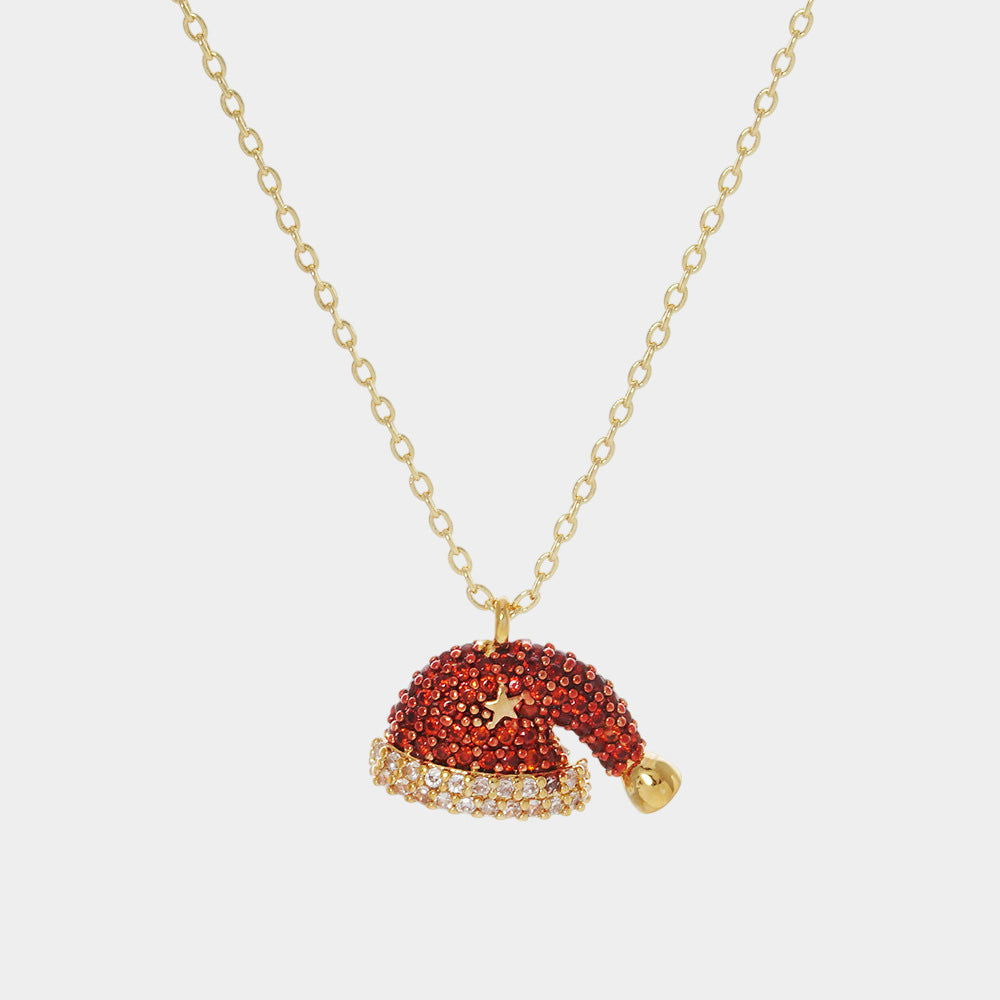 Gold Plated CZ Santa Claus Hat Pendant Necklace - Christmas Gift for Women, Holiday Jewelry for Party & Festive Season