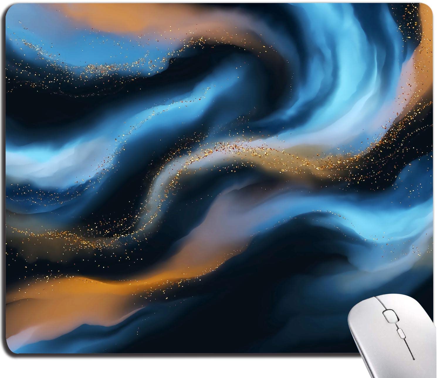 Blue and Gold Abstract Waves Mouse Pad with Non-Slip Rubber Base | Glitter Design Computer Mousepad | Custom Rectangle Mouse Mat for Laptop & PC | Perfect for Office, Gaming & Home Workspace