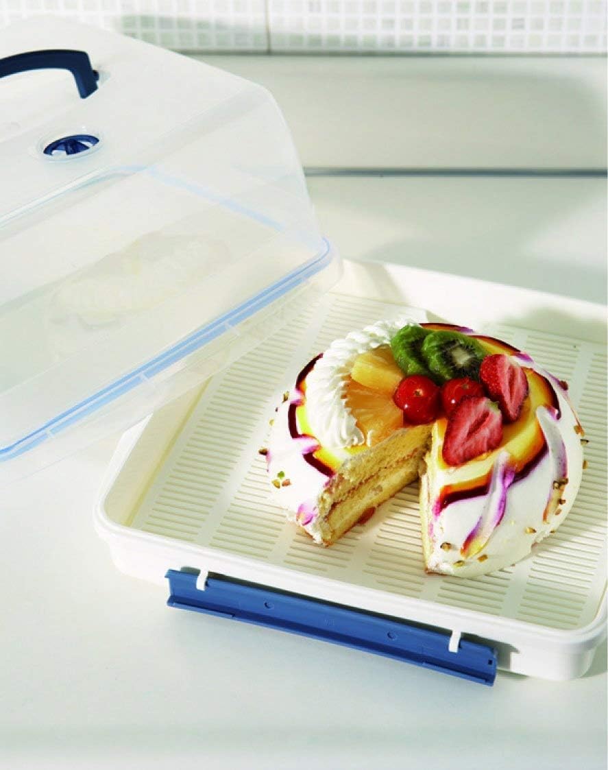 LocknLock Airtight Square Cake Carrier with Handle - 12.6L Clear/Blue Food Storage Container with 4-Sided Lockable Lid | Perfect for Birthday Parties, Picnics & Bakery Storage