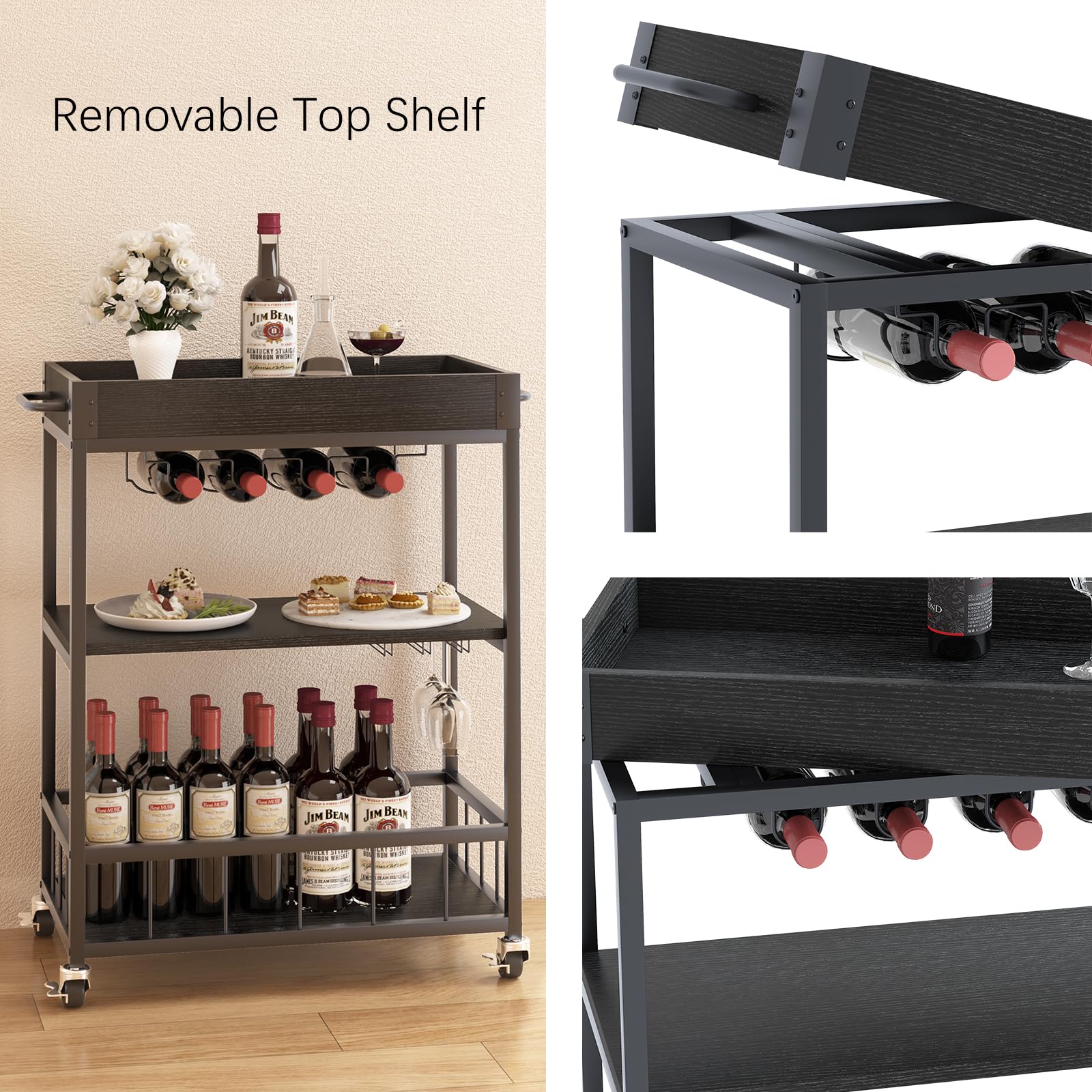 Vintage Style 3-Tier Bar Cart with Wheels - Mobile Serving Cart for Wine, Drinks & Kitchen - Wood & Metal Rolling Trolley for Living Room, Dining Room & Home Entertaining