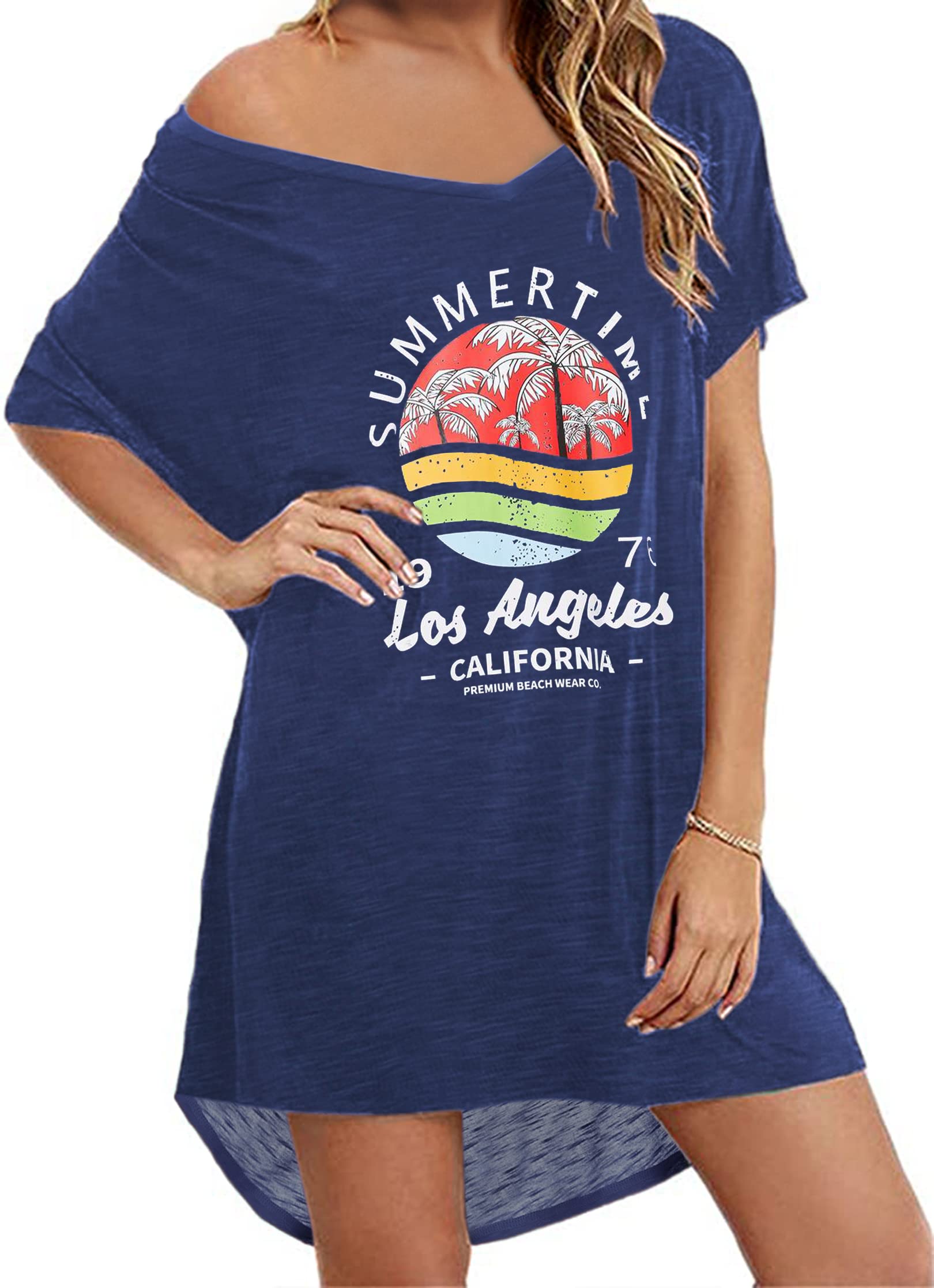 AI'MAGE Women's Bikini Cover Up Beach Dress - Casual T-Shirt Style Bathing Suit Cover Up in Blue | Perfect for Poolside, Beach Vacations & Summer Outings