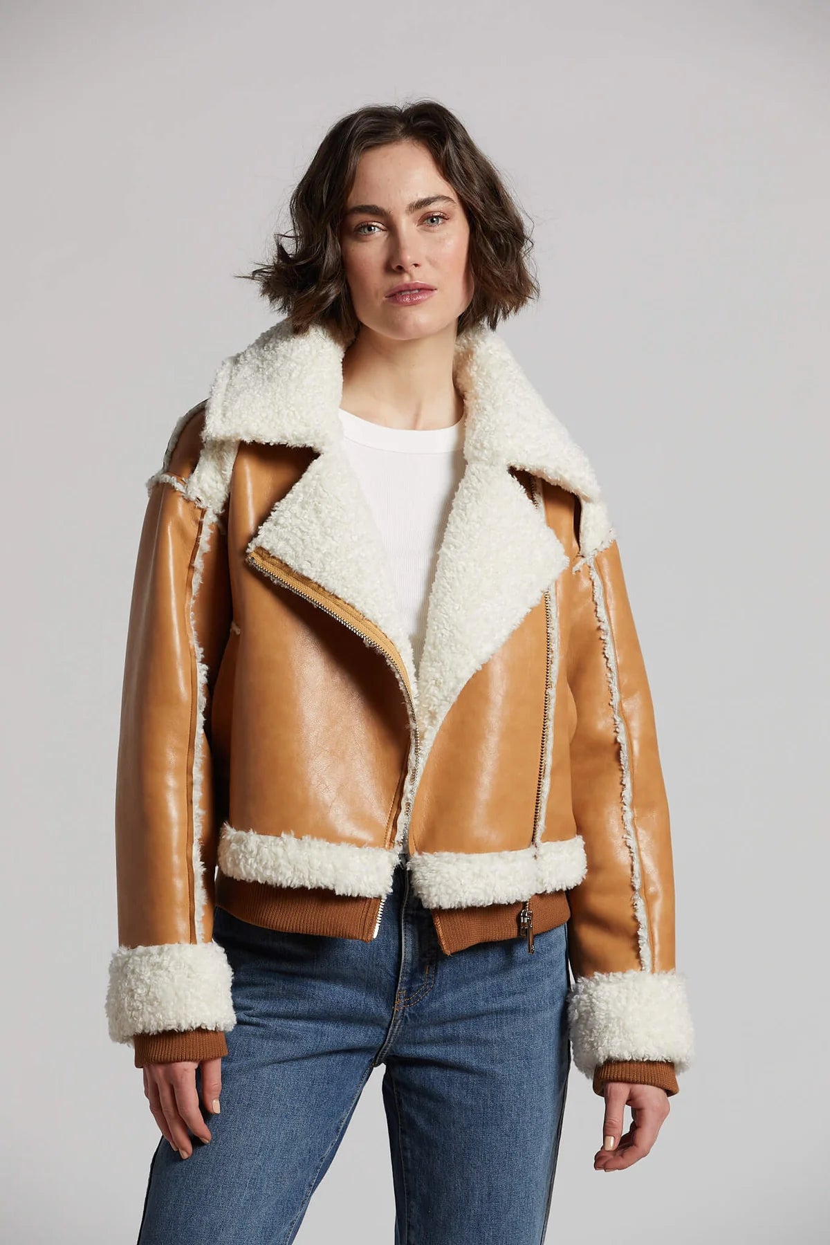 Stylish Clayton Faux Shearling Moto Jacket in Camel Color - Perfect for Winter Fashion & Motorcycle Riding