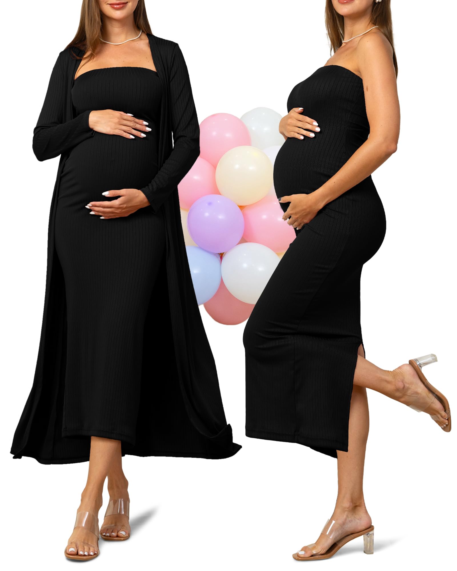 RNXRBB 2-Piece Maternity Dress & Cardigan Set - Flowy Summer Nursing Dress for Baby Shower, Wedding Guest, Gender Reveal Photoshoot | Comfortable Pregnancy Outfit for Special Occasions & Daily Wear