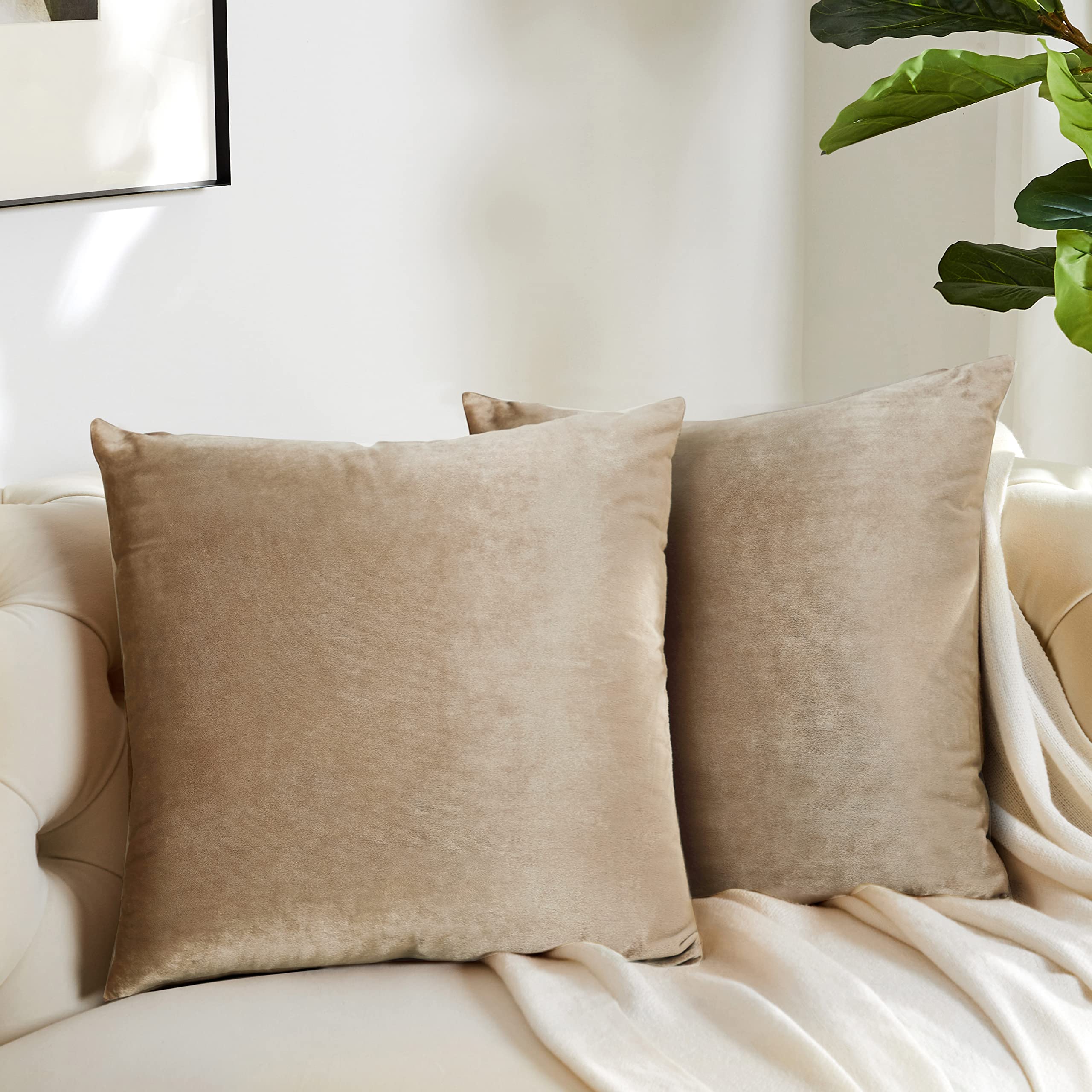 GIGIZAZA 18x18 Velvet Decorative Throw Pillow Covers Set of 2 - Taupe Square Boho Cushion Covers for Sofa, Couch & Bed - Perfect for Living Room, Bedroom Decor & Home Styling