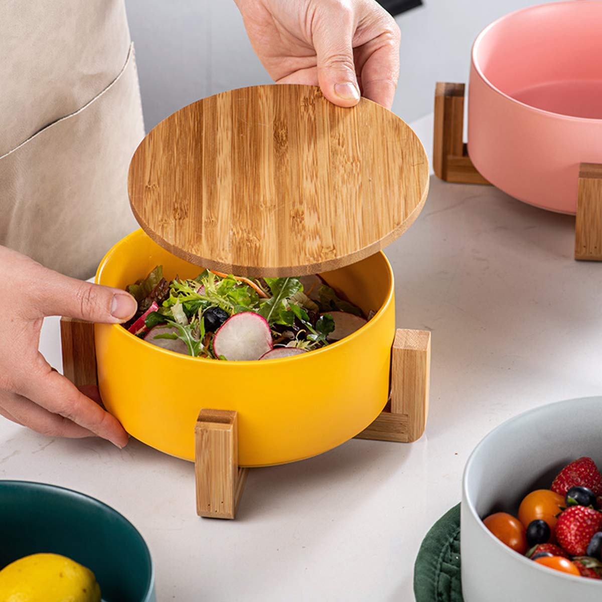 Ceramic Salad Bowl with Lid - Wooden Shelf Kitchenware for Rice, Noodles, Fruits & Desserts | Microwave & Oven Safe Serving Dish for Dining & Entertaining