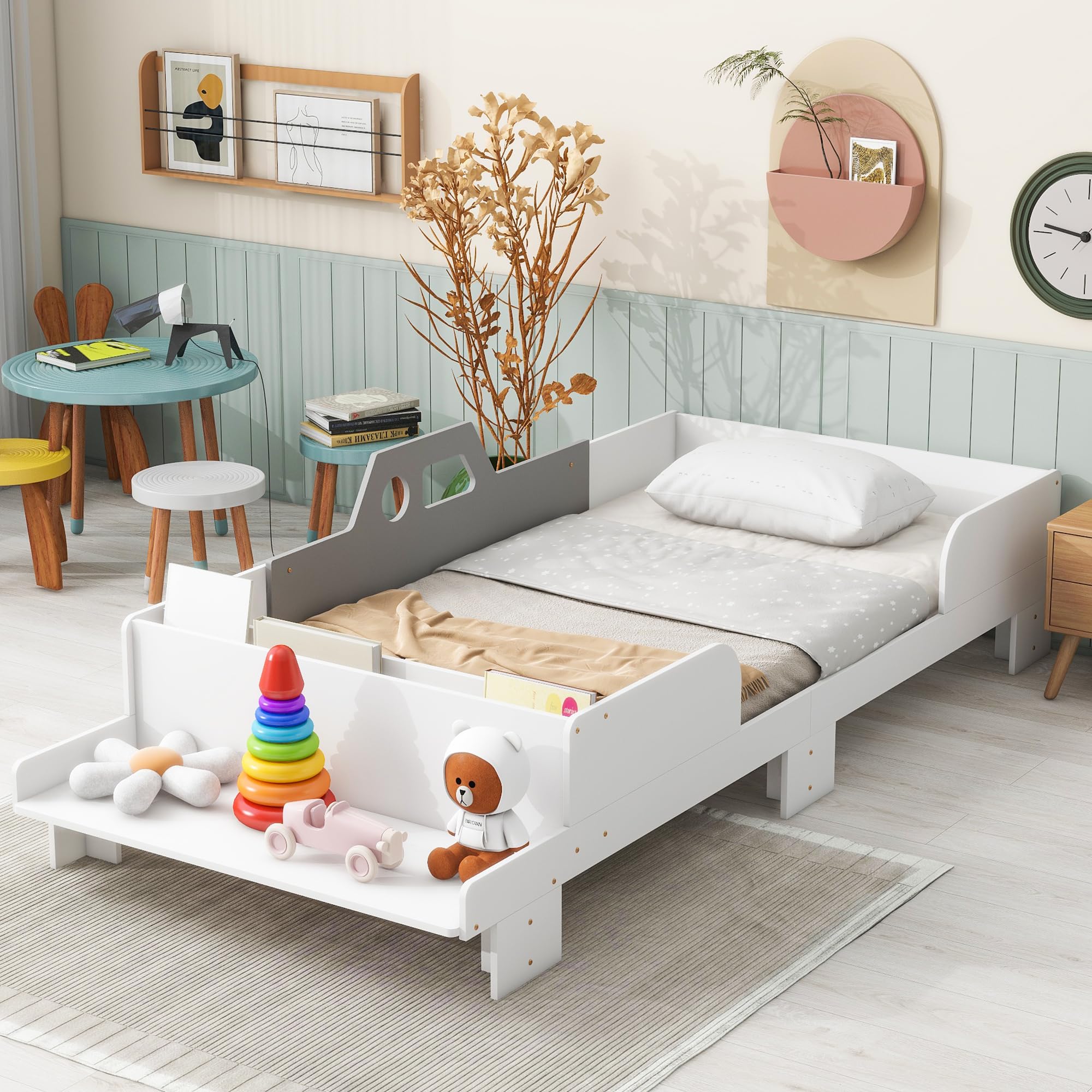 Merax Twin Size Car-Shaped Wooden Bed Frame for Kids with Bench & Book Storage - No Box Spring Needed - Perfect for Boys' Bedroom & Playroom Decor (White)