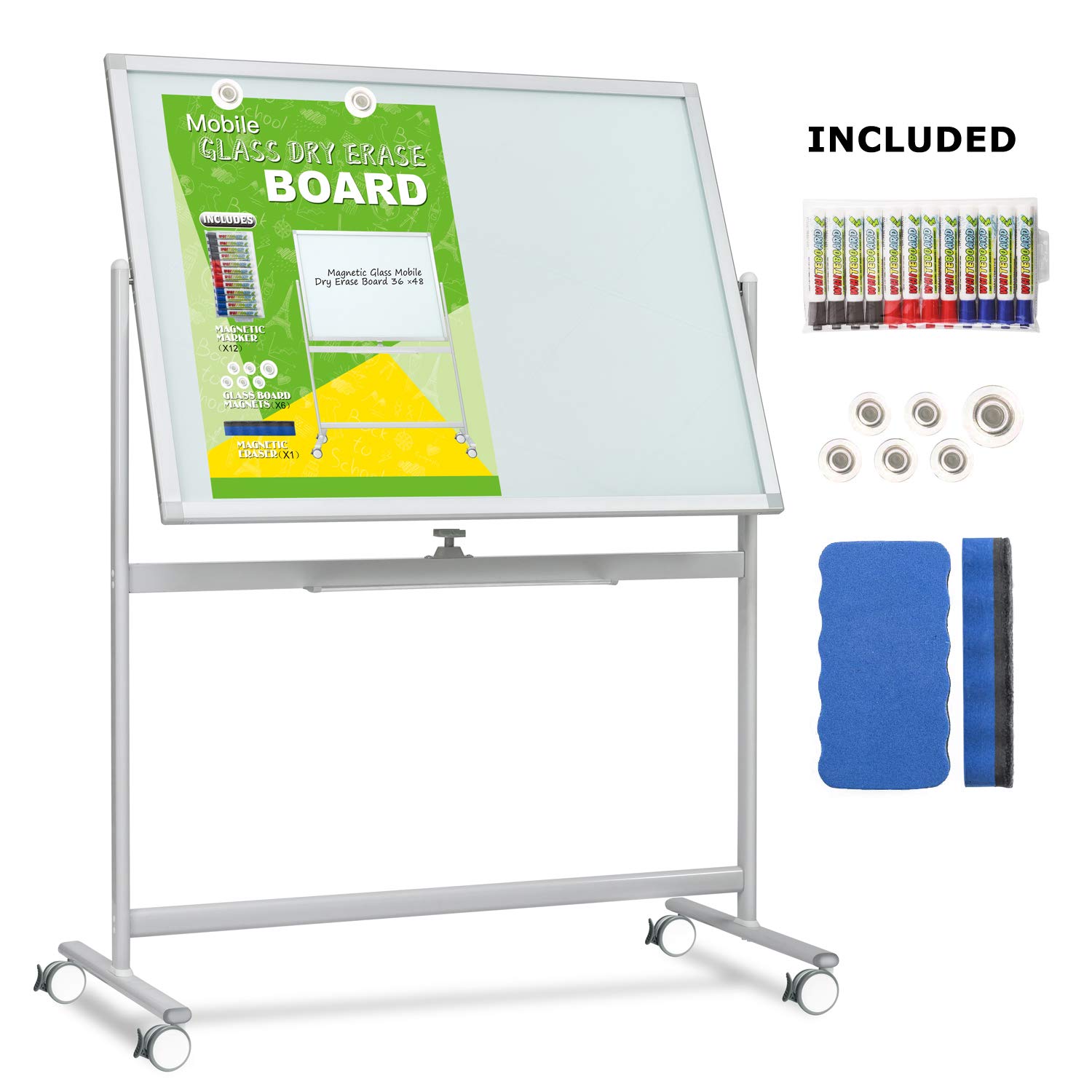 Magnetic Double-Sided Glass Whiteboard with Wheels - 48