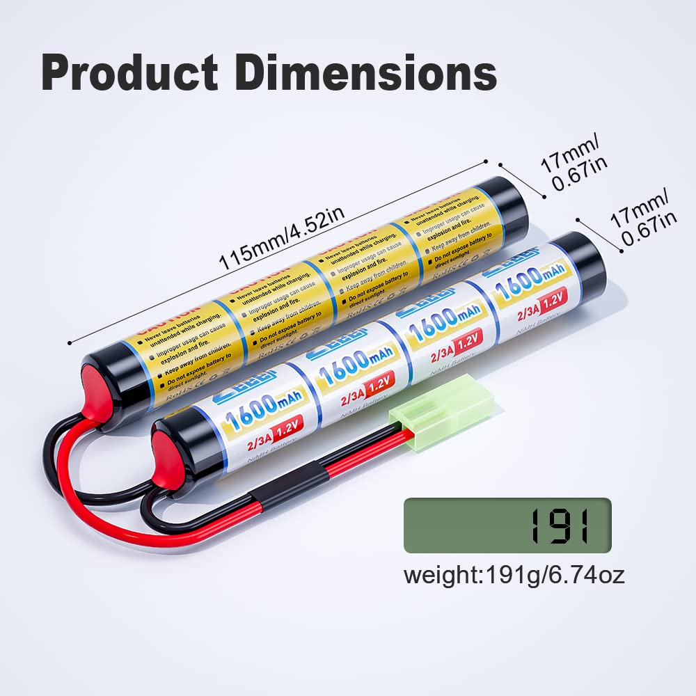 Zeee 9.6V 1600mAh NiMH Airsoft Battery with Mini Tamiya Plug (2 Pack) - Perfect for RC Guns & Airsoft Battles