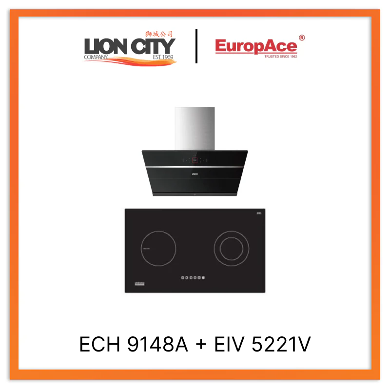 Europace ECH9148A 90cm Premium Stainless Steel Inclined Range Hood with EIV5221V 75CM Built-in Induction Cooktop - Modern Kitchen Ventilation for Home Cooking & Smoke Removal