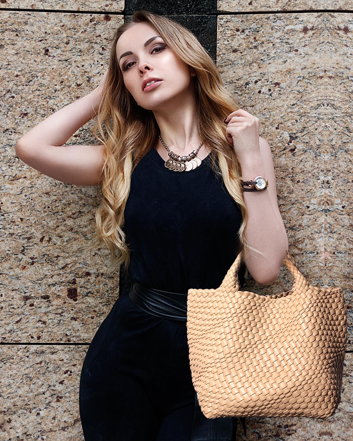 Eco-Friendly Vegan Leather Tote Bag for Women - Large Woven Shoulder Bag with Purse, Perfect for Beach, Travel, Work & Daily Use