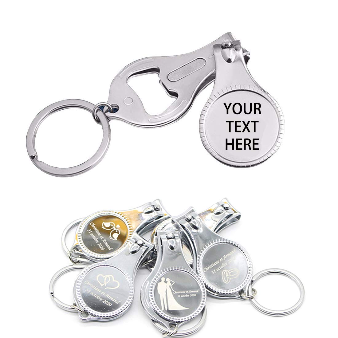 100-Pack Personalized 4-in-1 Multi-Tool Bottle Opener with Nail Clipper - Custom Engraved Wedding Favors & Brewery Gifts for Men (Silver) - Perfect for Parties, Camping, and Everyday Carry