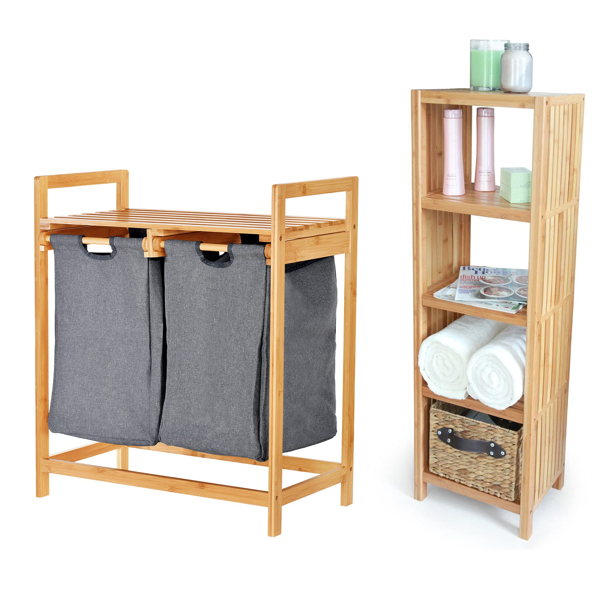 Bamboo Hamper with Dual Compartments & 5-Tier Freestanding Bathroom Organizer Shelf - ToiletTree Premium Bamboo Storage Bundle for Laundry, Towels & Bath Essentials | Space-Saving Bathroom Organization Solution