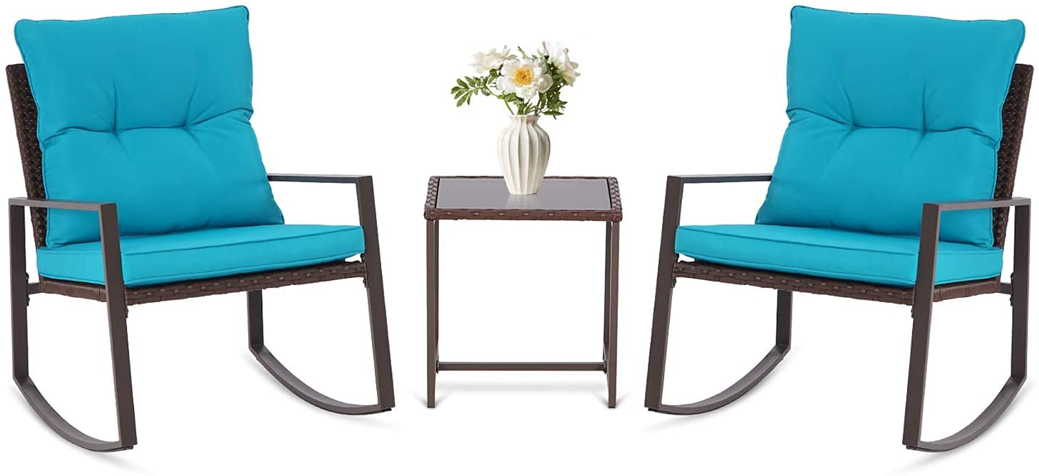 **SUNCROWN 3-Piece Patio Bistro Set - Brown Wicker Outdoor Rocking Chairs with Glass Coffee Table & Light Blue Cushions - Perfect for Porch, Garden, or Backyard Relaxation**