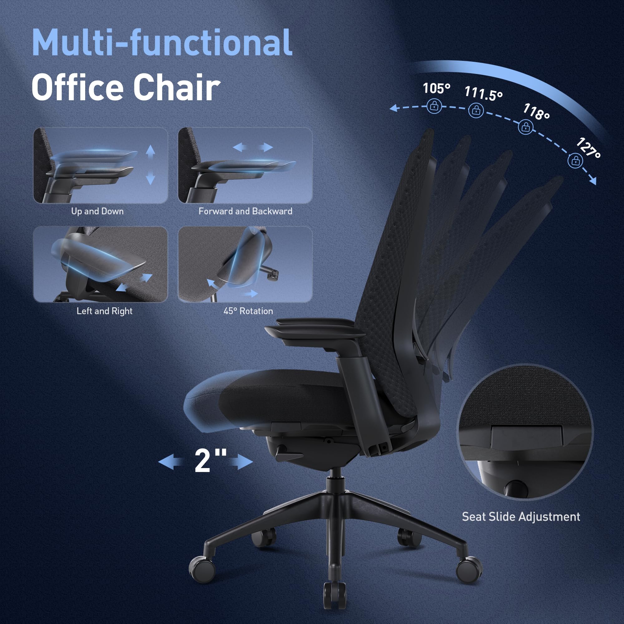 **COLAMY Ergonomic Mesh Office Chair with Lumbar Support - Adjustable Backrest & Sliding Seat - Black Grey - Perfect for Home Office, Gaming & Executive Desk Work**