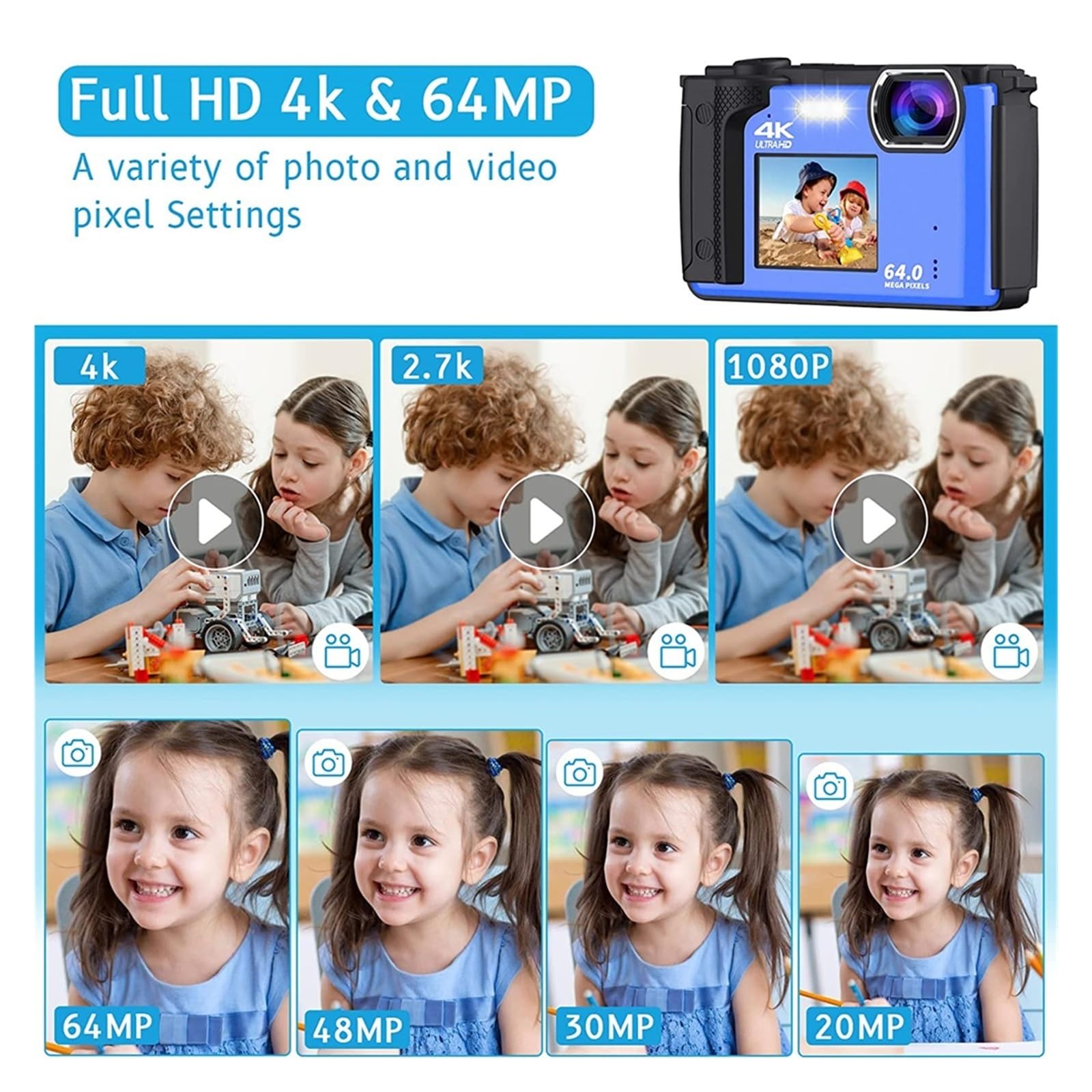 **64MP Dual Screen Video Camera with 4K UHD, 16X Zoom - Perfect for Vlogging, Live Streaming & Selfie Recording (Includes 32GB Card & 2 Batteries) - Ideal for YouTube, TikTok & Travel Vlogging**