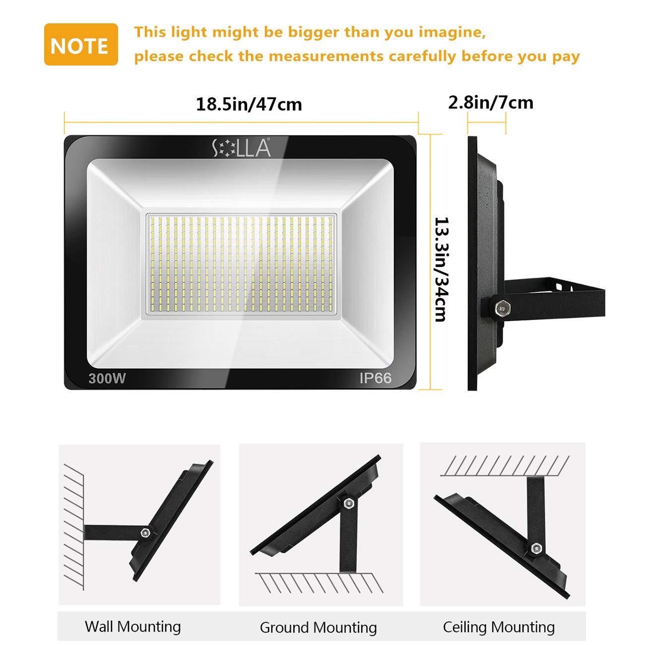 SOLLA 300W LED Flood Light - IP66 Waterproof, 24000 Lumens Super Bright (1600W Equivalent) - 6000K Daylight White Outdoor Security & Landscape Lighting for Parking Lots, Stadiums, Warehouses & Backyards