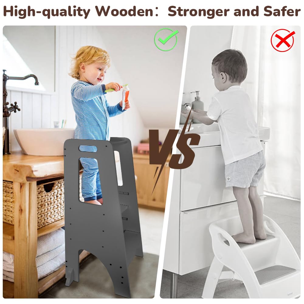 ZZBIQS Adjustable Wooden Kitchen Helper Tower for Toddlers - Safe Learning Step Stool for Kids Counter Access - Montessori Toddler Standing Tower (Grey) - Perfect for Baking, Cooking & Kitchen Learning Activities