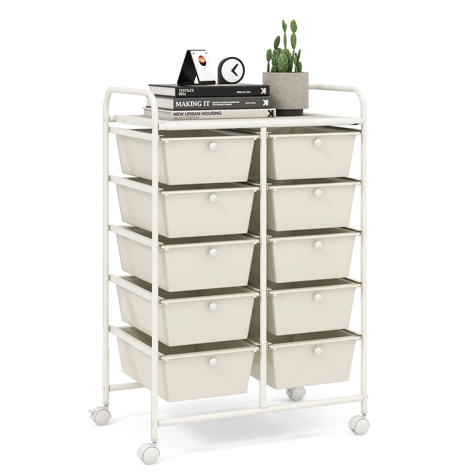 LDAILY 10-Drawer Rolling Storage Cart with Wheels - Metal Frame Organizer for Home, Office & Classroom - Large Capacity Mobile Utility Cart - Perfect for Craft Supplies, Office Stationery & School Essentials (White)
