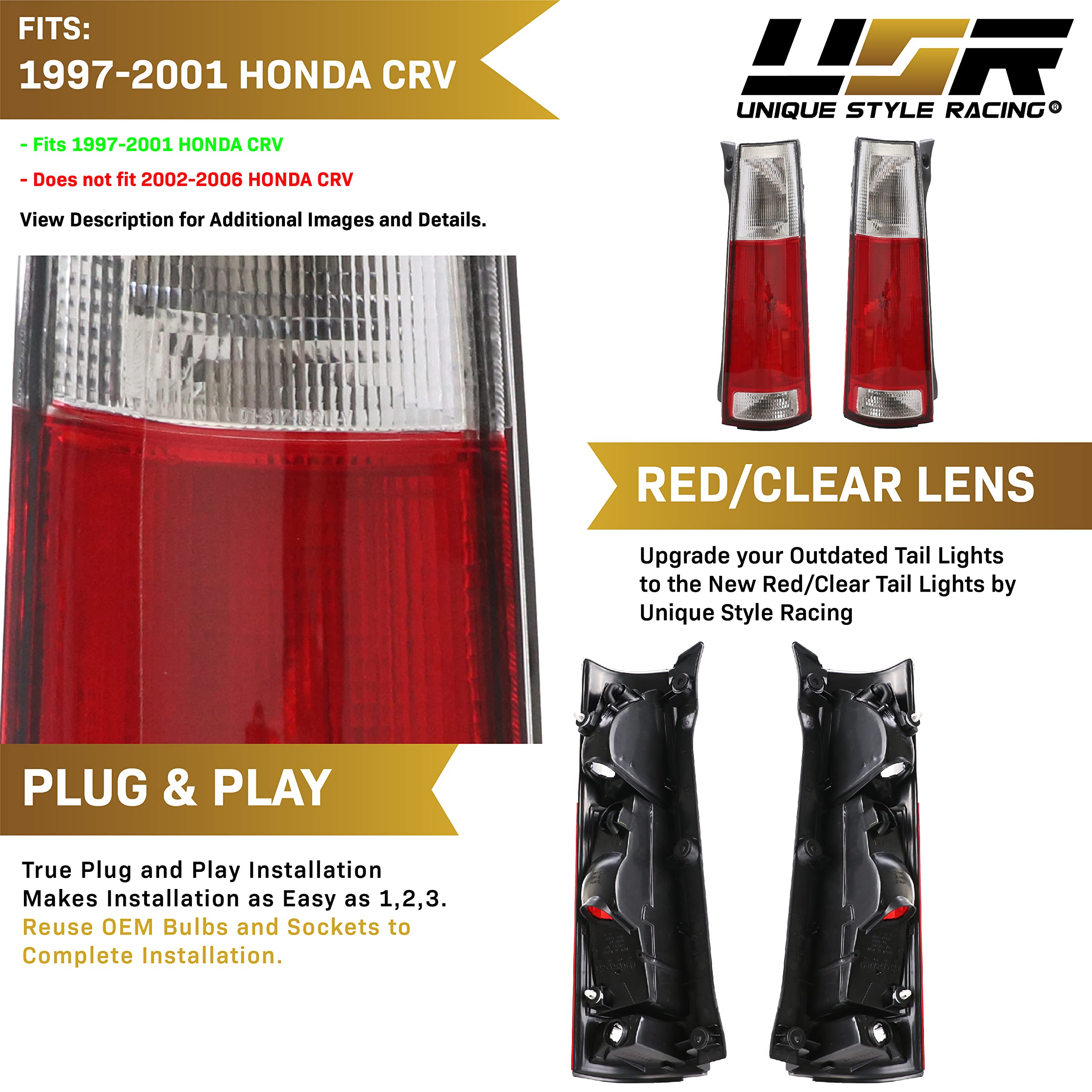 USR DEPO JDM Style Red/Clear Lens Tail Lights - Compatible with 1997-2001 Honda CR-V (First Gen) | Left + Right Rear Lamps Set | Upgrade Your Car's Style & Night Visibility