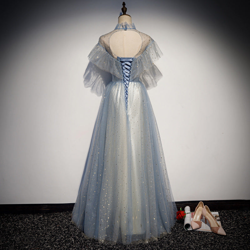 Elegant Off Shoulder A-Line Tulle Prom Dress - Shiny Blue Formal Evening Gown for Homecoming, Wedding & Special Occasions | Size 225