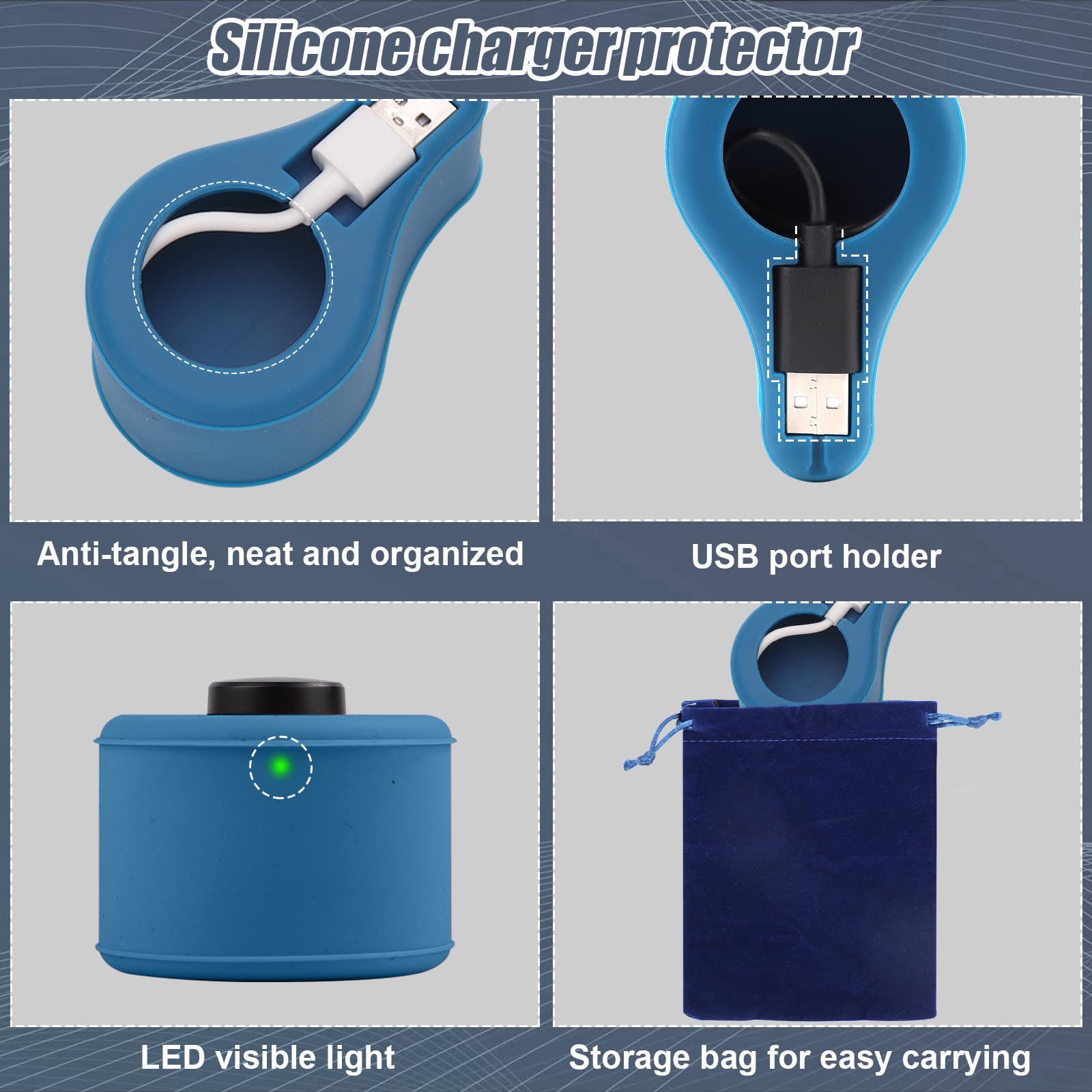 Waterproof Silicone Charger Case for Oura Ring Gen3 - Washable USB Cable Protector with Storage Bag & LED Light - Portable Charging Organizer for Travel, Gym, and Home Use (Blue)