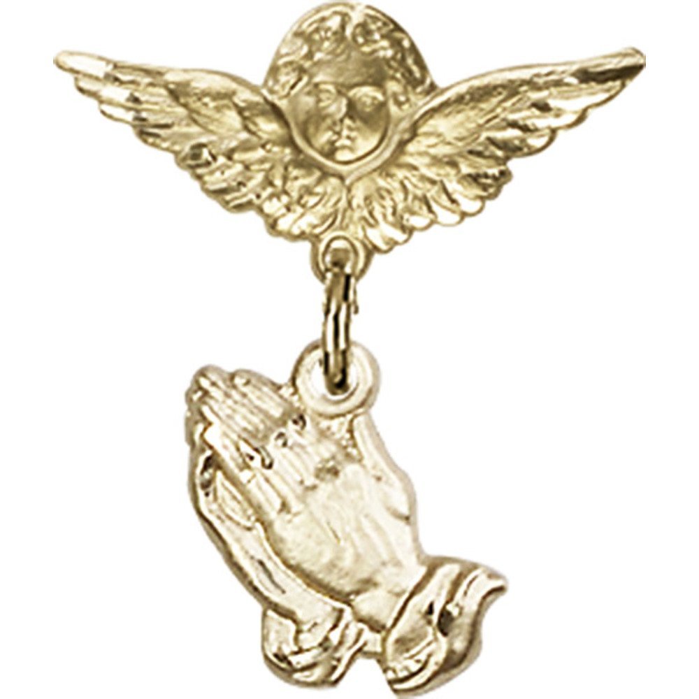 Gold Filled Baby Badge with Praying Hands Charm & Angel Wing Pin - Perfect for Christening Gifts, Baby Blessings & Religious Jewelry Collections