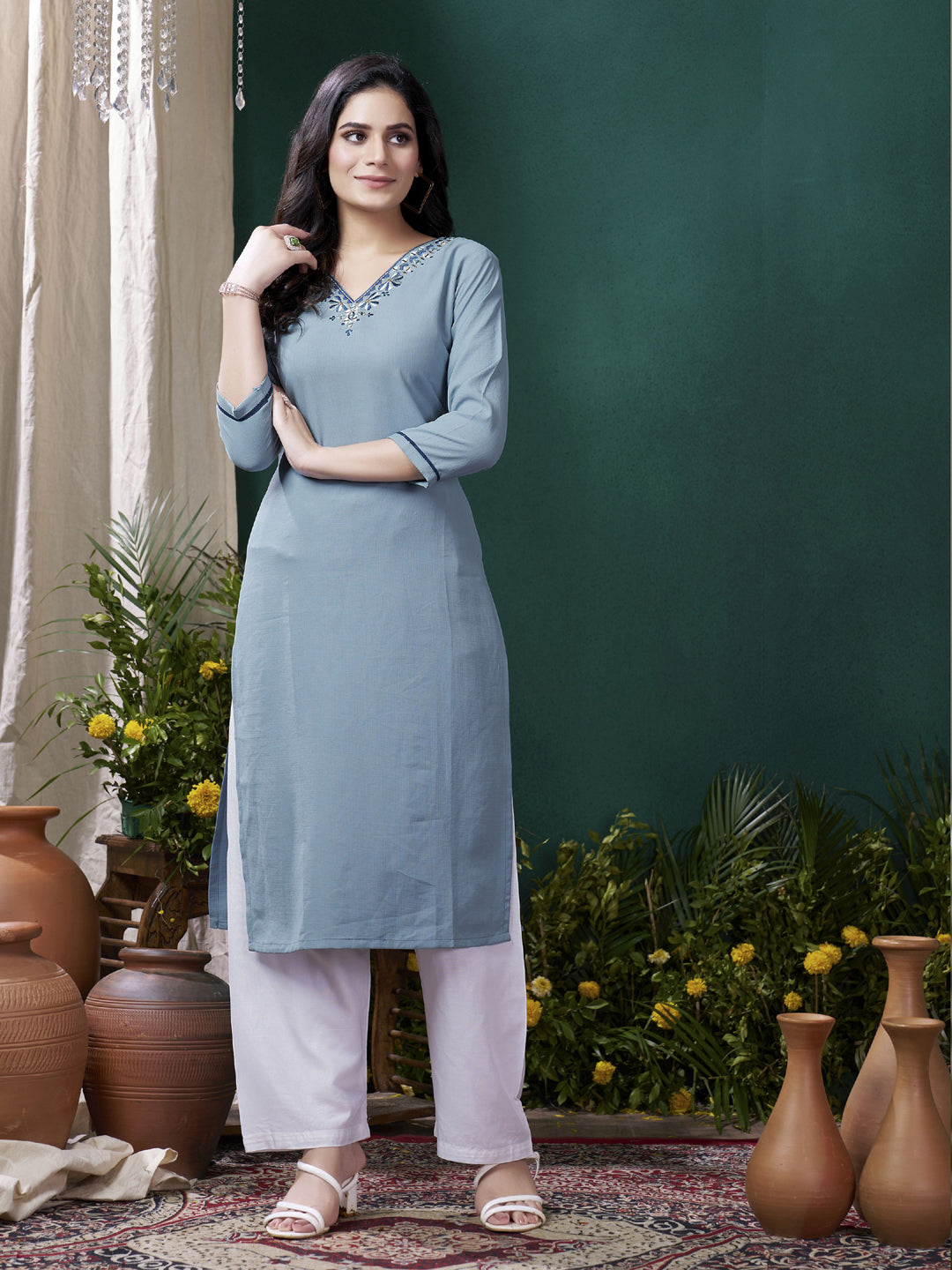 Elegant Blue Ready-Made Kurti Bottom with Hand Embroidery & Pocket - Perfect for Festivals, Parties & Casual Wear