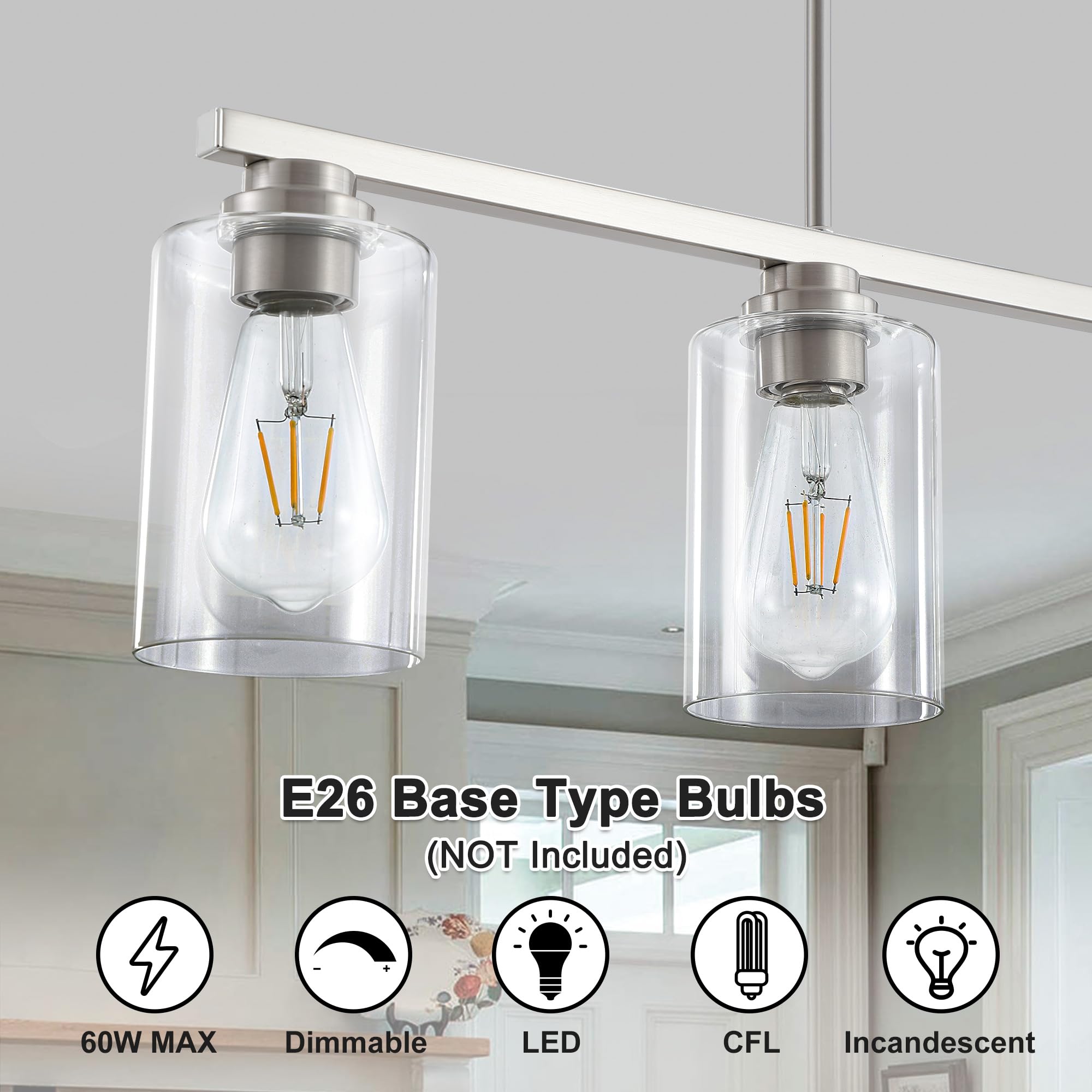 Brushed Nickel 4-Light Linear Chandelier Pendant Lighting for Kitchen Island, Dining Table & Living Room - Modern LED Fixture for Dining Room, Breakfast Nook & Home Decor
