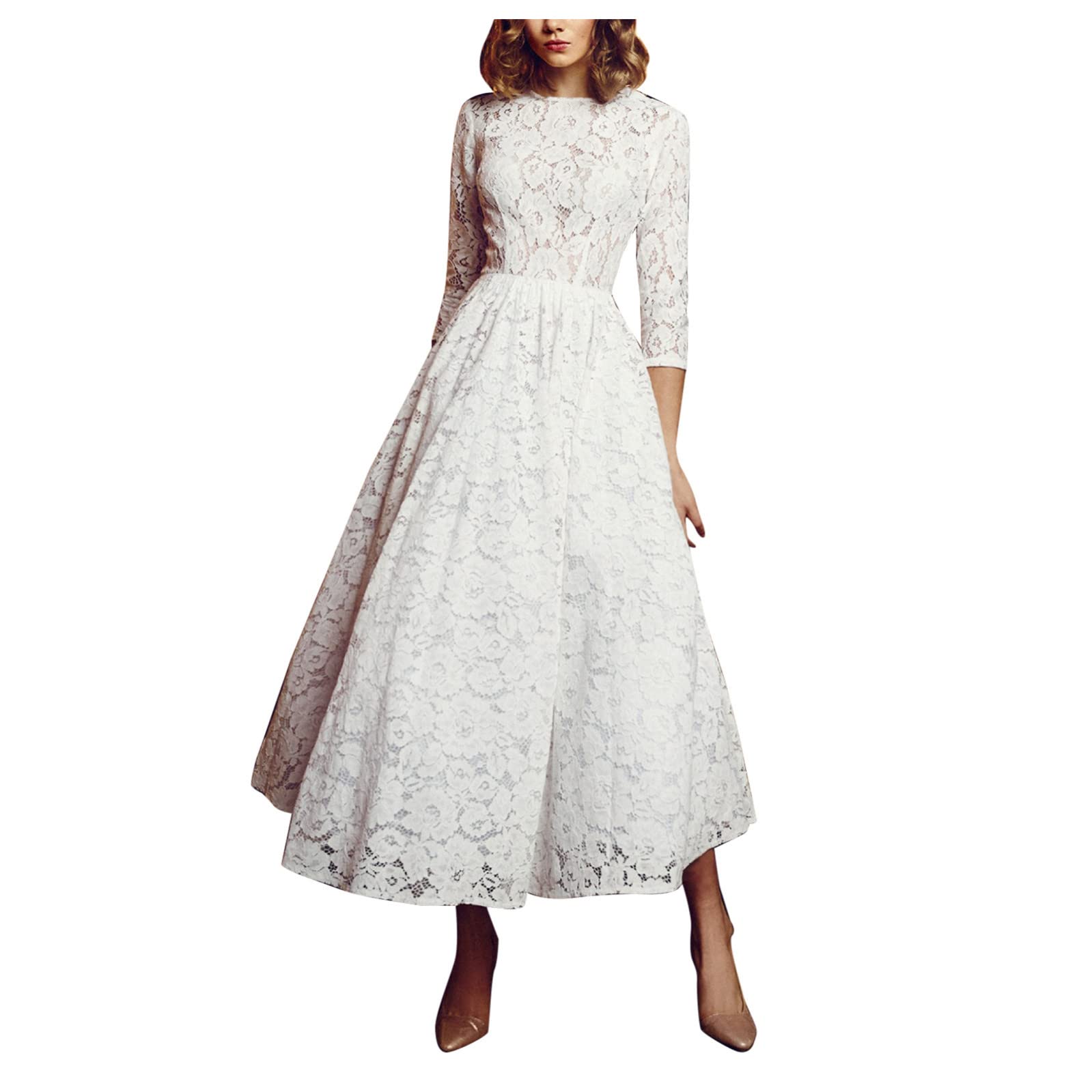 Elegant White Lace Floral Wedding Dress for Women - V-Neck Long Bridal Gown with Beach & Evening Wear Versatility | Perfect for Beach Weddings, Formal Events & Romantic Occasions