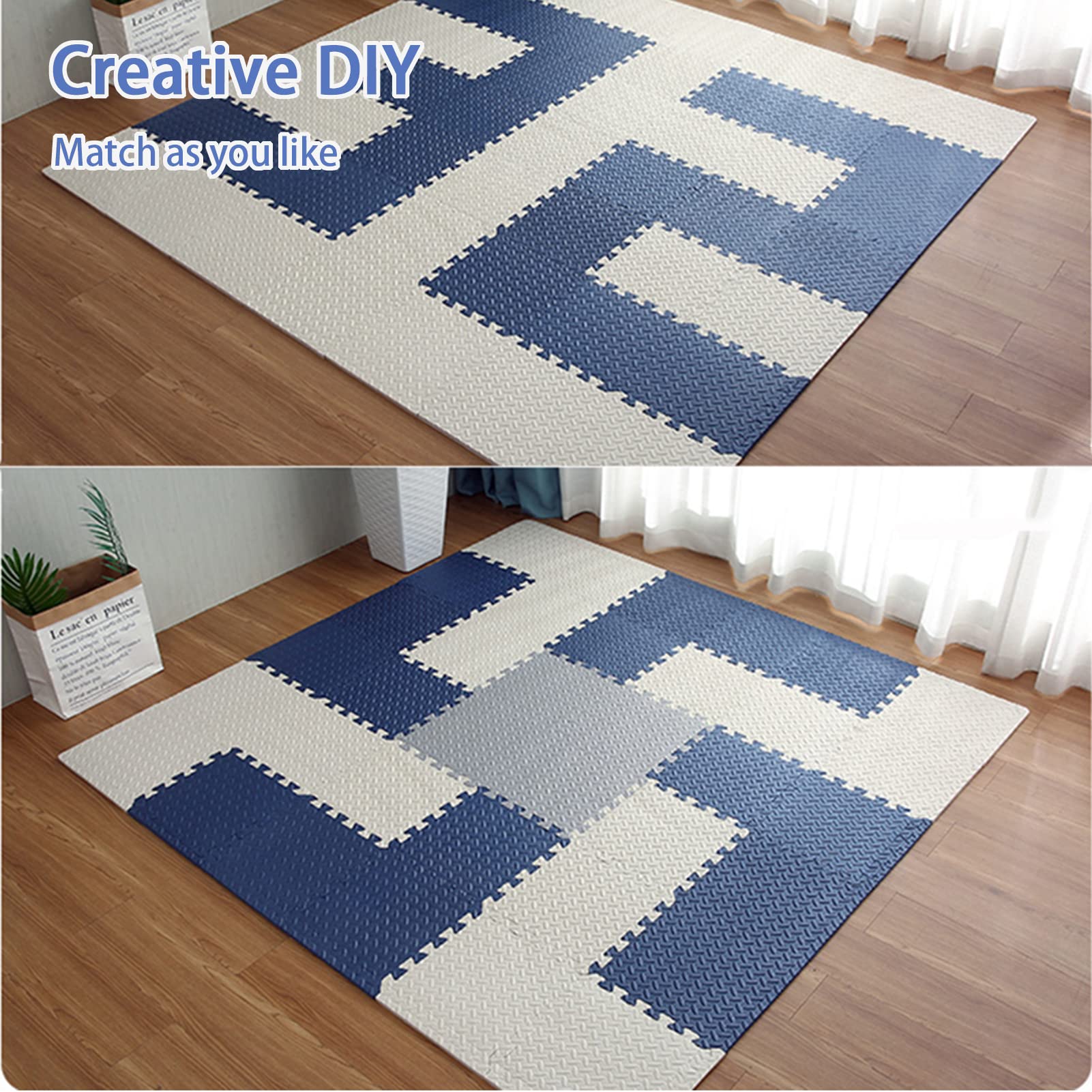 12-Piece Interlocking EVA Foam Floor Tiles - ½ Inch Thick Puzzle Play Mat with Borders (24x24 Inch, Blue) - Non-Slip Exercise Mats for Gym, Playroom, Nursery & Home Workout Areas