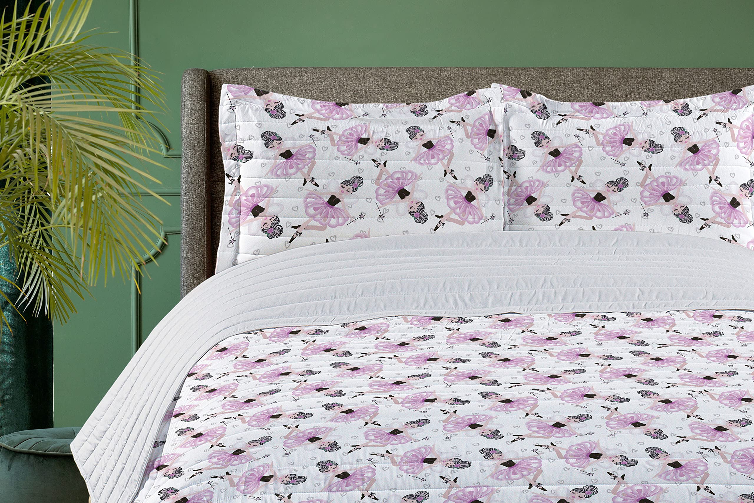 Ambesonne Ballet Microfiber Bedspread Set - Ballerina Characters with Wand, Cartoon Fantasy Art Print, Soft King Size Bedding Set with Pillow Shams & Comforter in Peach Pink White - Perfect for Girls' Bedrooms, Themed Decor, and Ballet Lovers