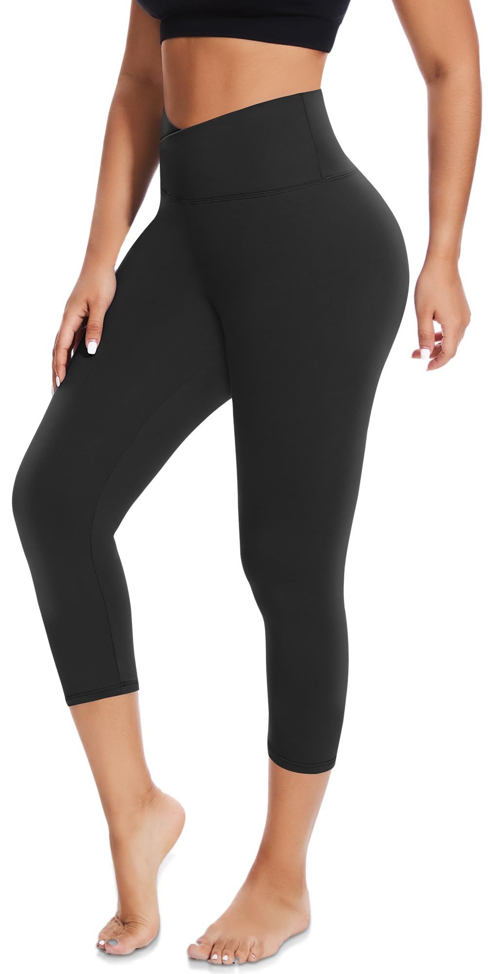 Morefeel Women's V Cross Waist Capri Leggings - Tummy Control Butt Lift Yoga Pants for Gym, Workout & Summer Sports | Soft High-Waisted Compression Tights for Running, Pilates & Lounge Wear