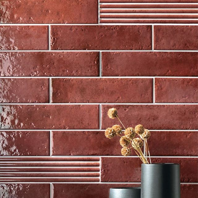 Antique Red Andrea Subway Tile - Textural Gloss Italian Porcelain (75x300x8mm) - Perfect for Kitchen Backsplash & Bathroom Wall Decor