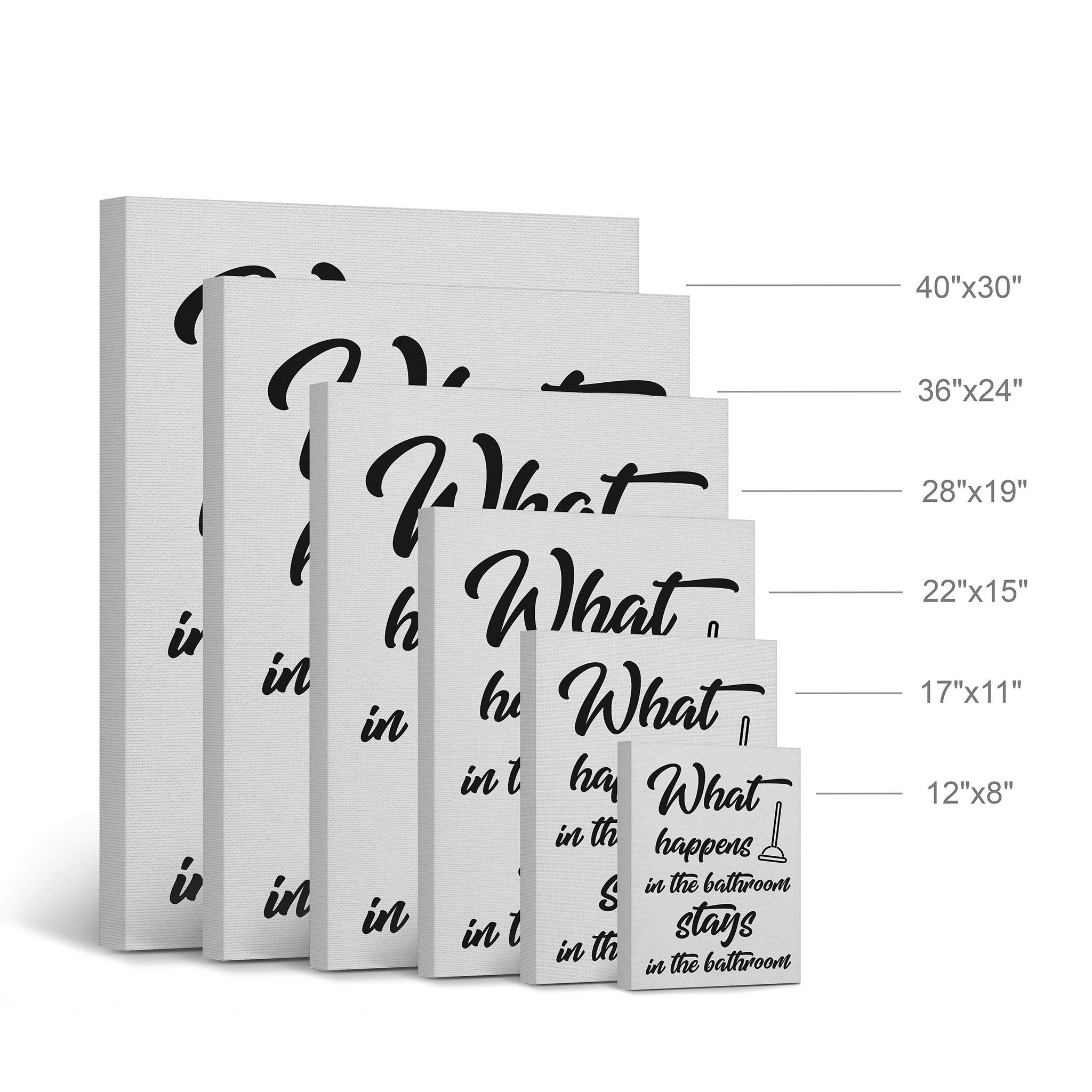 Funny Bathroom Wall Art Set - 4 Piece Canvas Prints with 'What Happens in the Bathroom' Quote - Ready to Hang Decor (28x19 inches each) - Perfect for Toilet Humor & Bathroom Decor Ideas