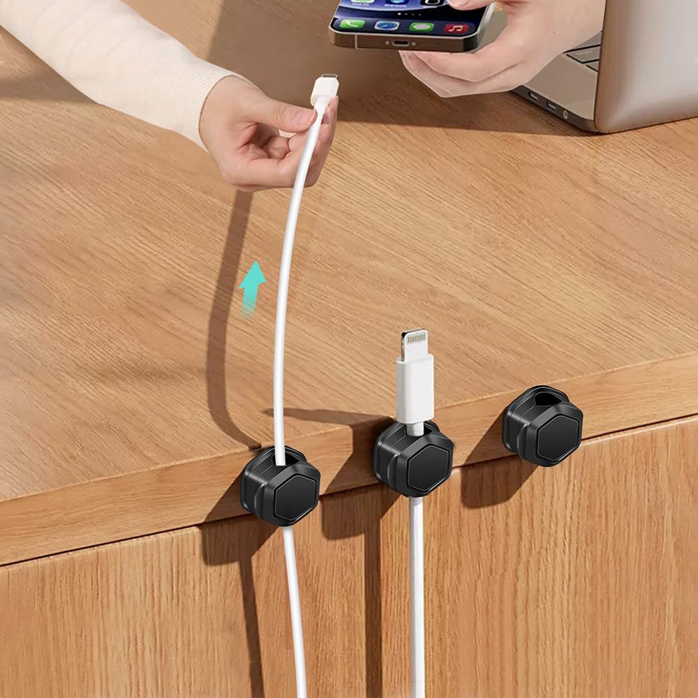 14-Pack Magnetic Cord Organizer Clips - Self-Adhesive Cable Management for Desk, Car & Office - Black USB Charger Holder for Phones & Devices - Perfect for Home, Work & Travel Organization