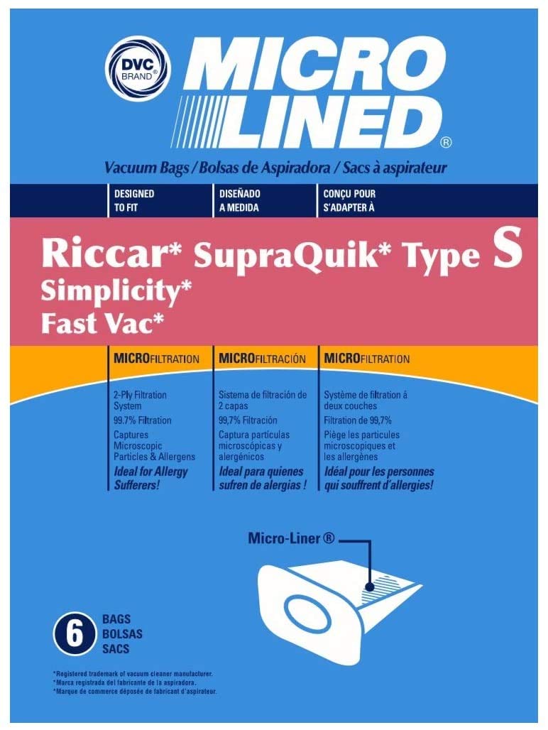 Riccar Type S Vacuum Bags - Micro-Lined Paper Replacement Bags (6 Pack) | Fits SupraQuick & Simplicity Models | Perfect for Allergy Suffer Home Cleaning