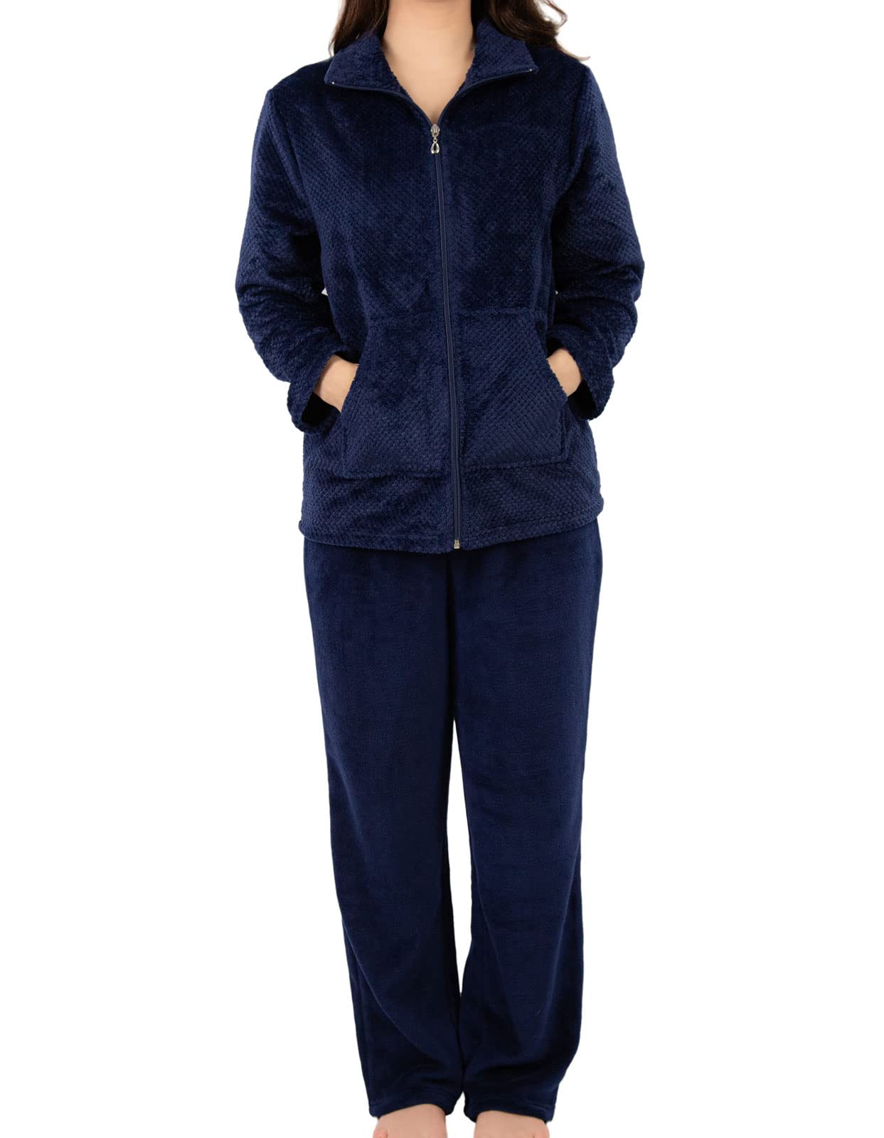 Slenderella Women's Soft Coral Fleece Zip-Up Waffle Top & Plain Pajama Bottoms Set - 8 Color Options - Cozy Winter Sleepwear for Cold Nights