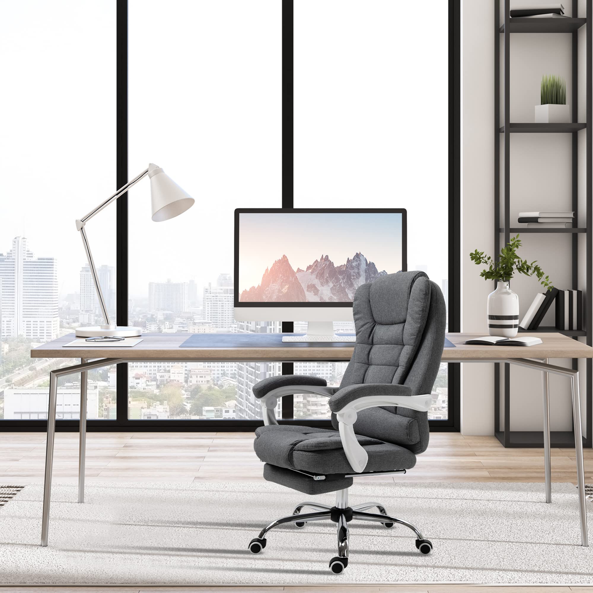 Vinsetto Ergonomic High-Back Executive Office Chair with Adjustable Footrest - Breathable Linen Fabric Computer Desk Chair with Padded Armrests - Gray - Perfect for Home Office, Gaming & Workspaces