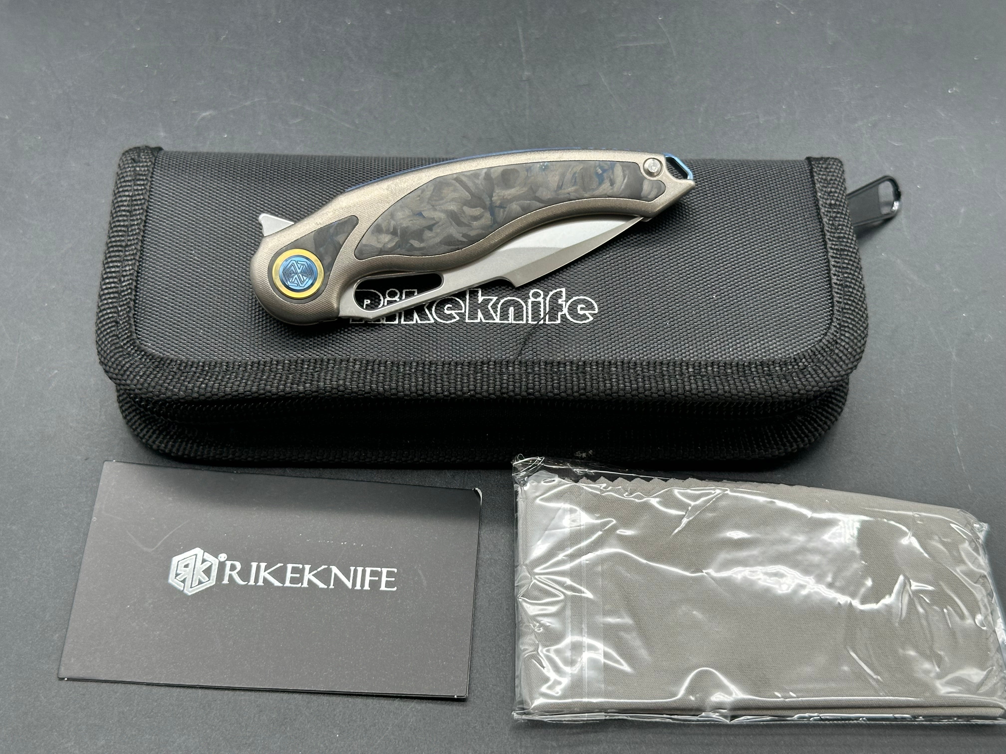 Rike Knife Unicorn Grey Titanium Frame with Marble Carbon Fiber Inlay Satin M390 Blade - Premium EDC Folding Knife for Outdoor Camping, Hiking & Survival
