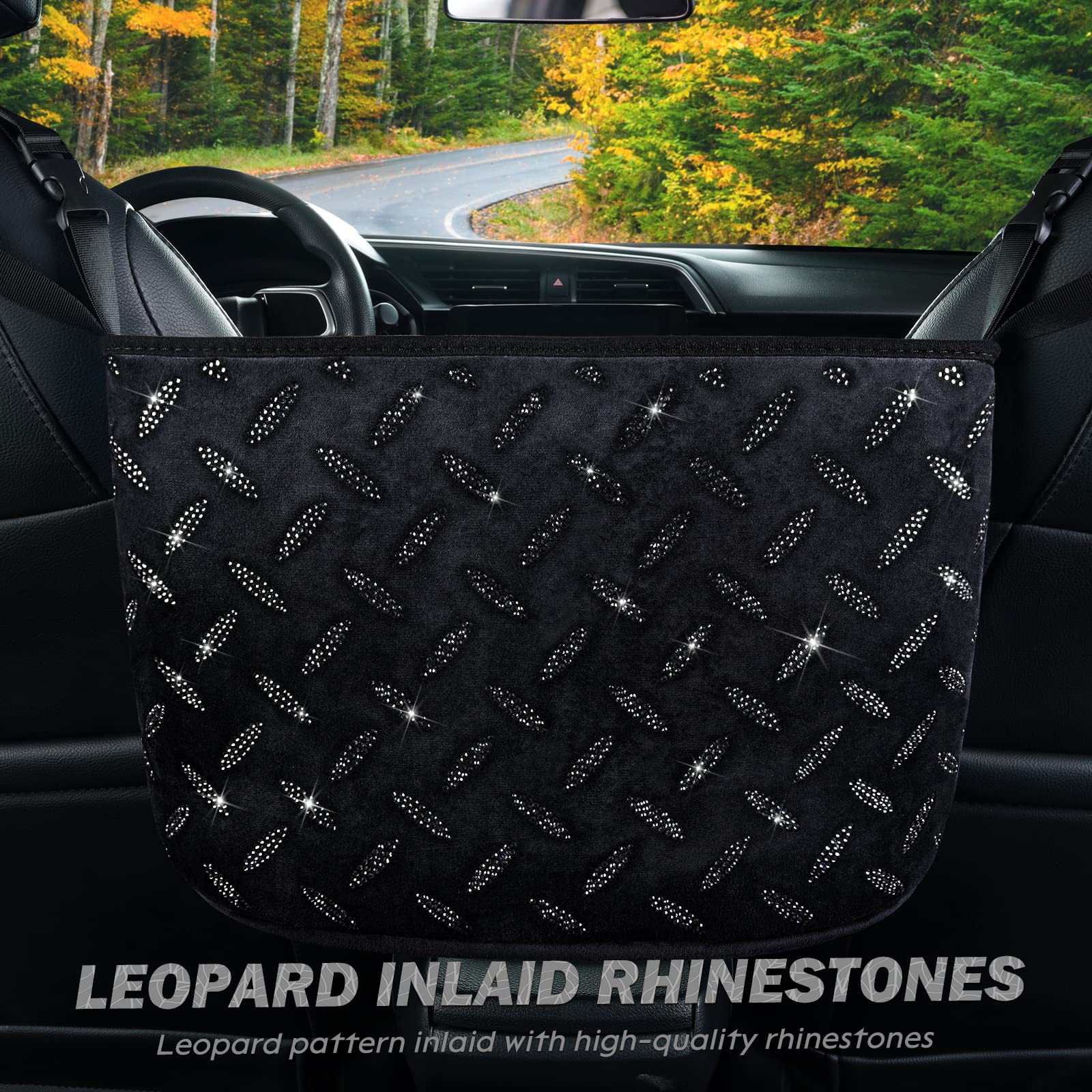 Crystal Car Organizer with Bling Diamonds - Purse & Handbag Holder for Women, Pet Barrier for Dogs & Kids - Black