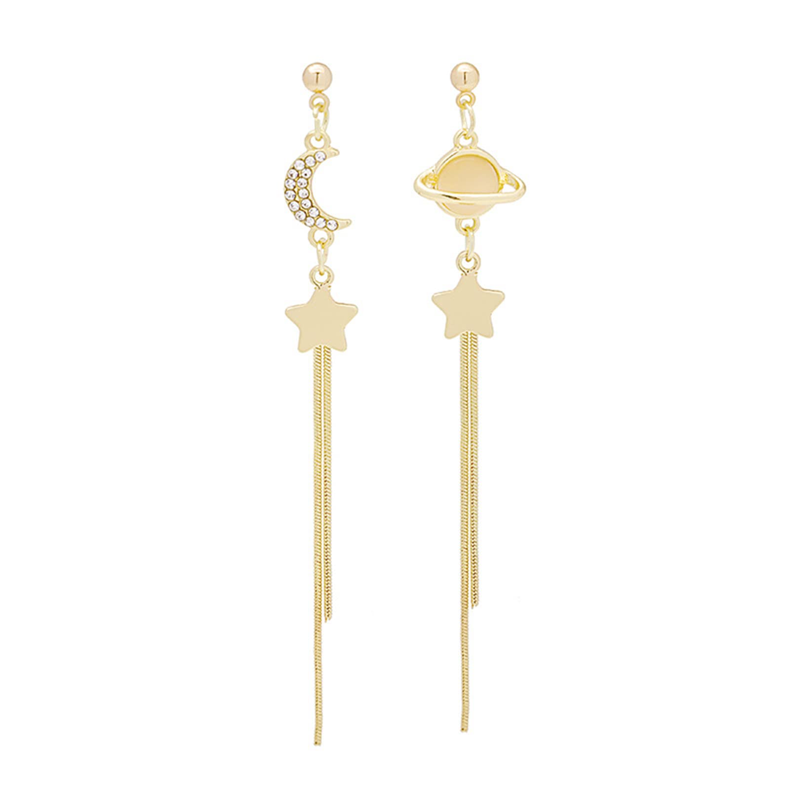 ONLYJUMP 18K Gold Plated Cubic Zirconia Moon Star Tassel Huggie Hoop Earrings for Women - Trendy Asymmetrical Dangle Earrings for Girls, Minimalist Punk Jewelry - Perfect for Parties, Dating & Everyday Wear